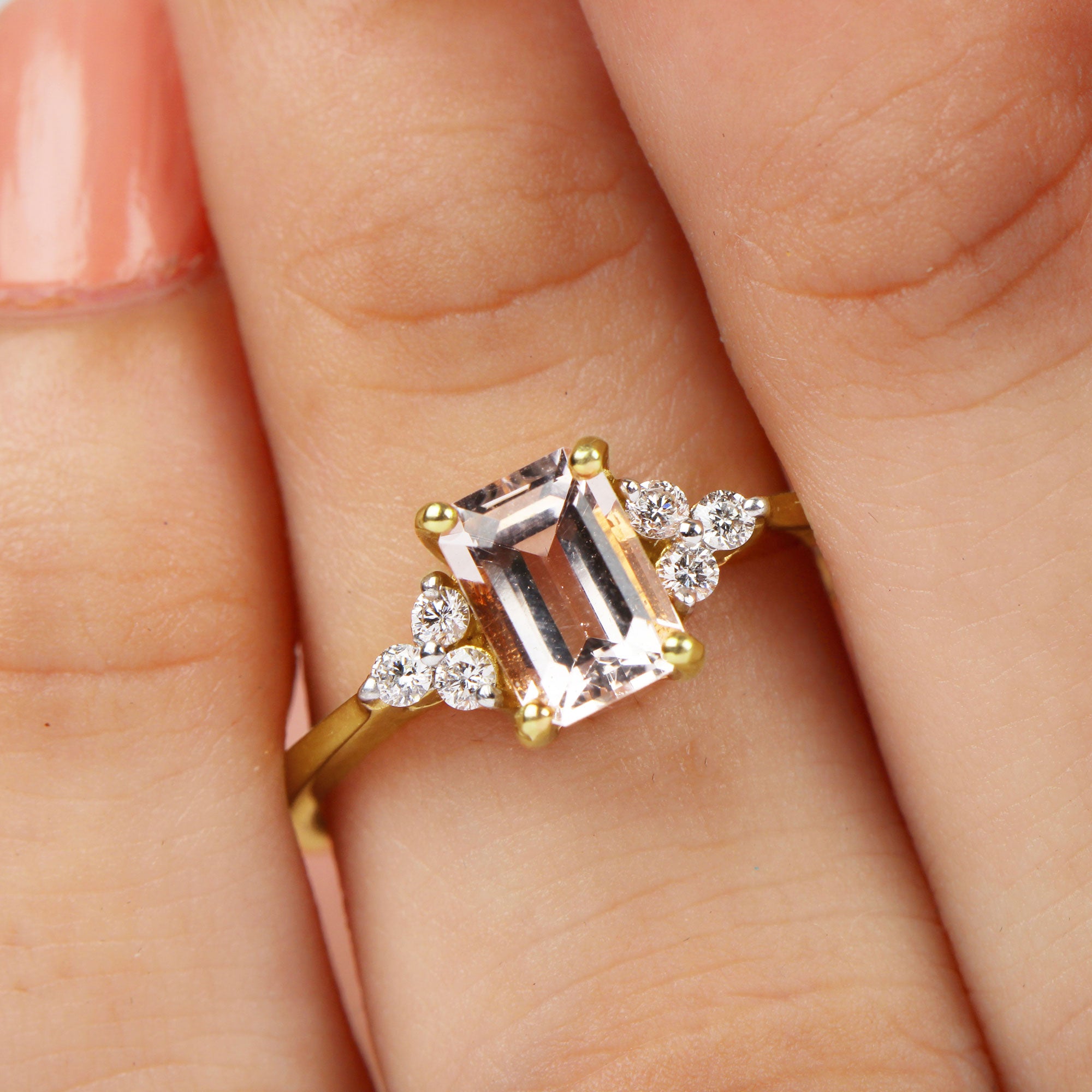 Emerald Cut Morganite Solitaire Engagement Ring with Diamond Trio Morganite - ( AAA ) - Quality - Rosec Jewels