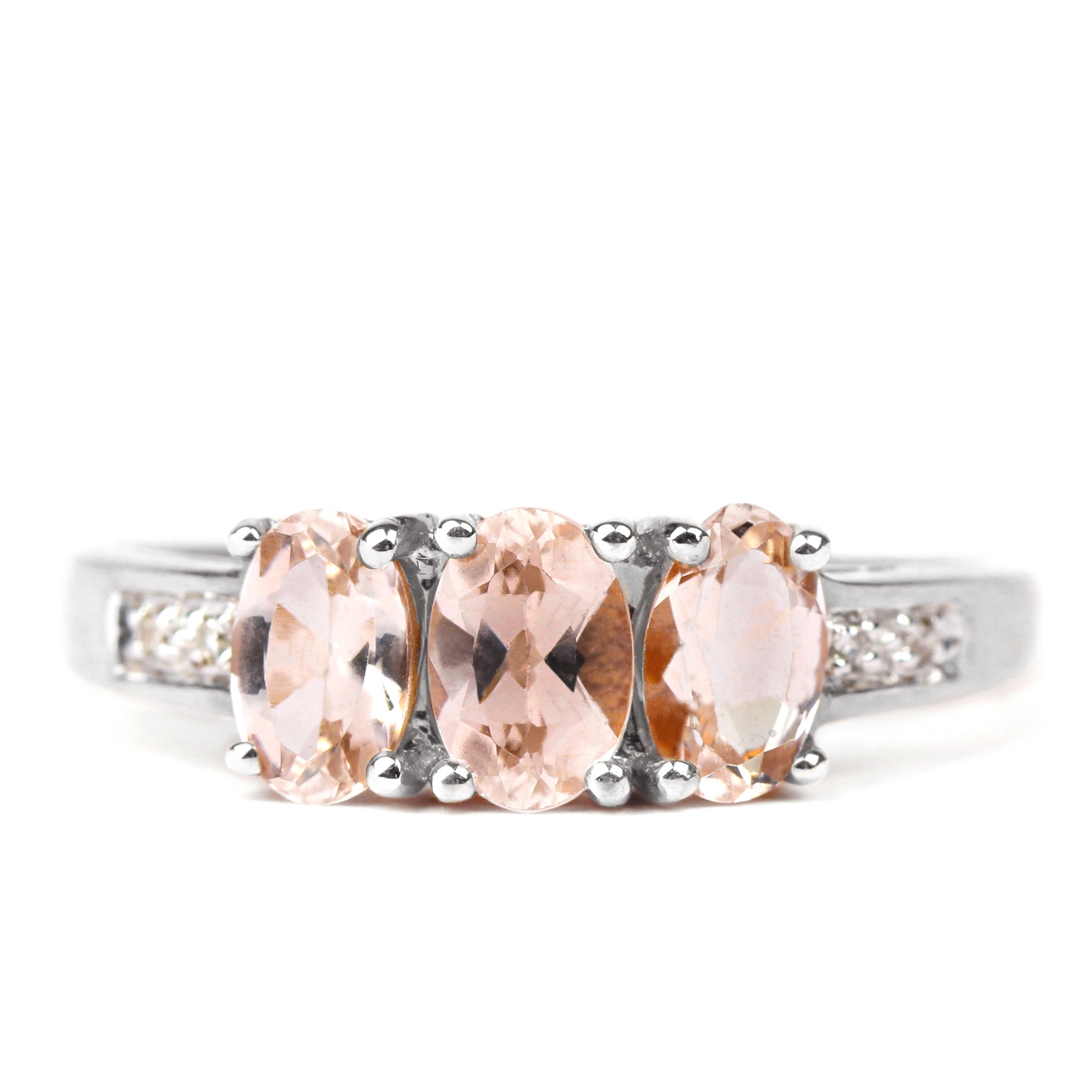 Oval Cut Morganite Three Stone Engagement Ring with Diamond Morganite - ( AAA ) - Quality - Rosec Jewels