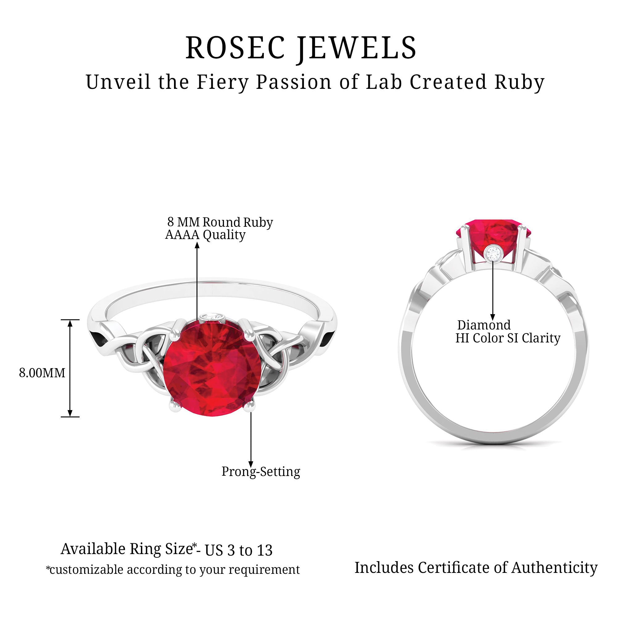 Round Lab Grown Ruby Solitaire Celtic Knot Ring with Diamond Lab Created Ruby - ( AAAA ) - Quality - Rosec Jewels