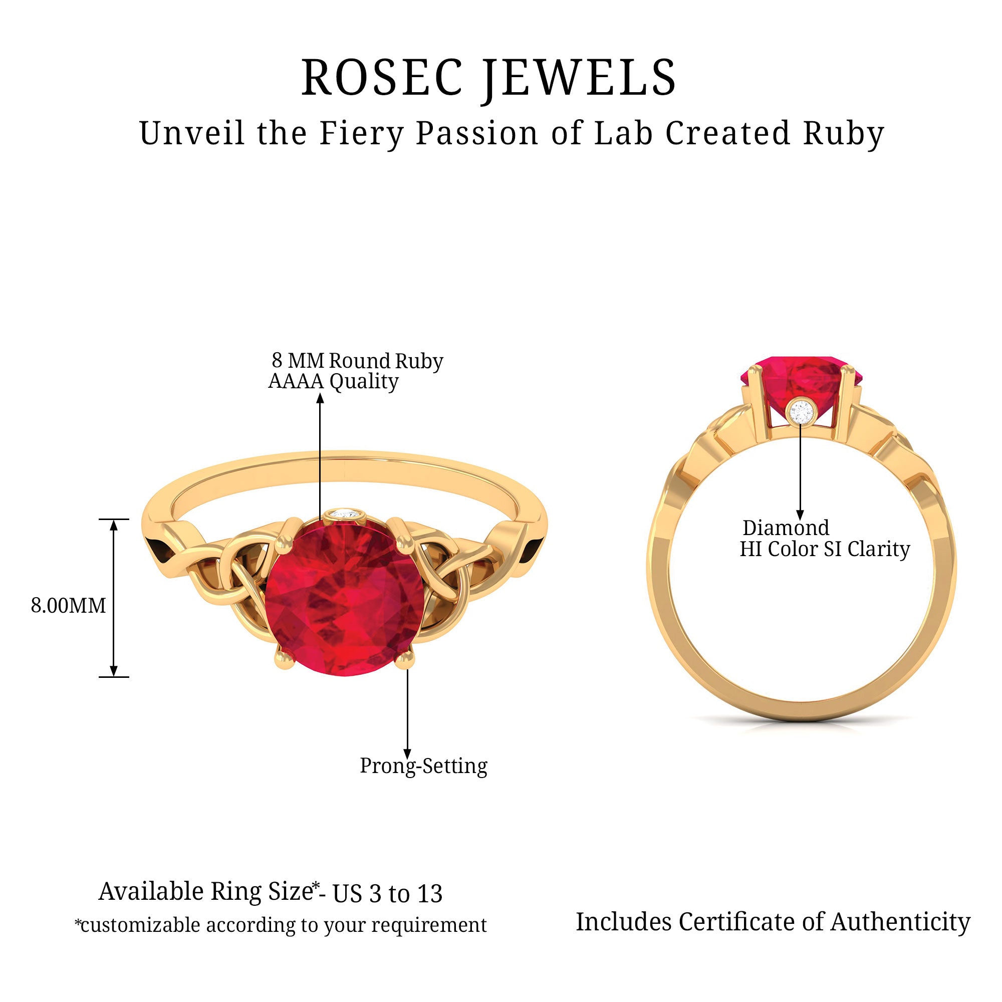 Round Lab Grown Ruby Solitaire Celtic Knot Ring with Diamond Lab Created Ruby - ( AAAA ) - Quality - Rosec Jewels