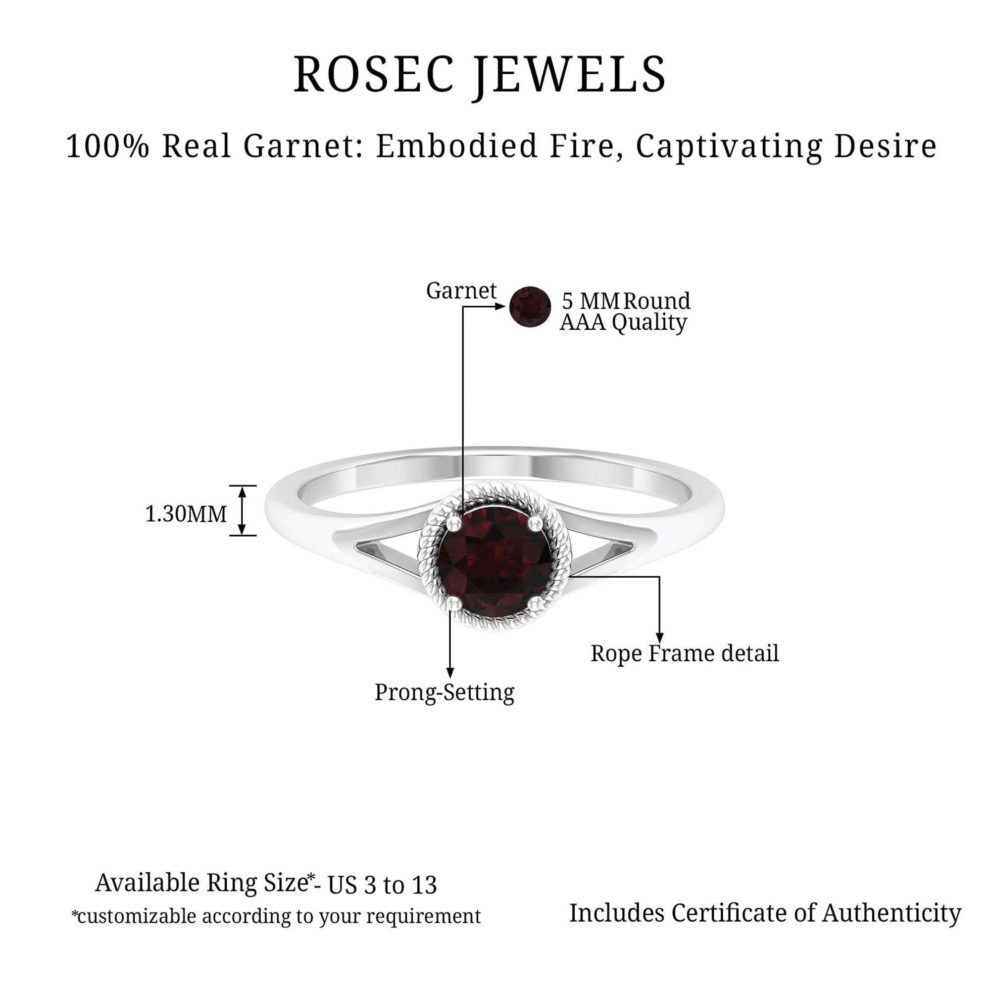 Split Shank Garnet Solitaire Ring with Rope Frame Garnet - ( AAA ) - Quality - Rosec Jewels