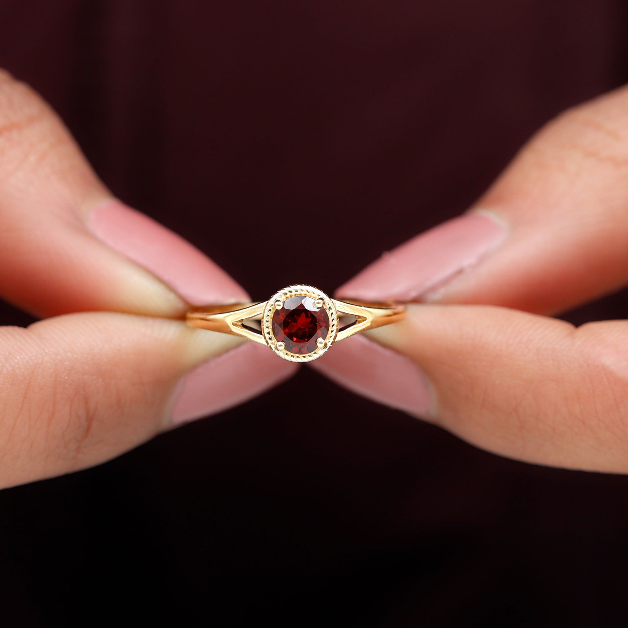 Split Shank Garnet Solitaire Ring with Rope Frame Garnet - ( AAA ) - Quality - Rosec Jewels