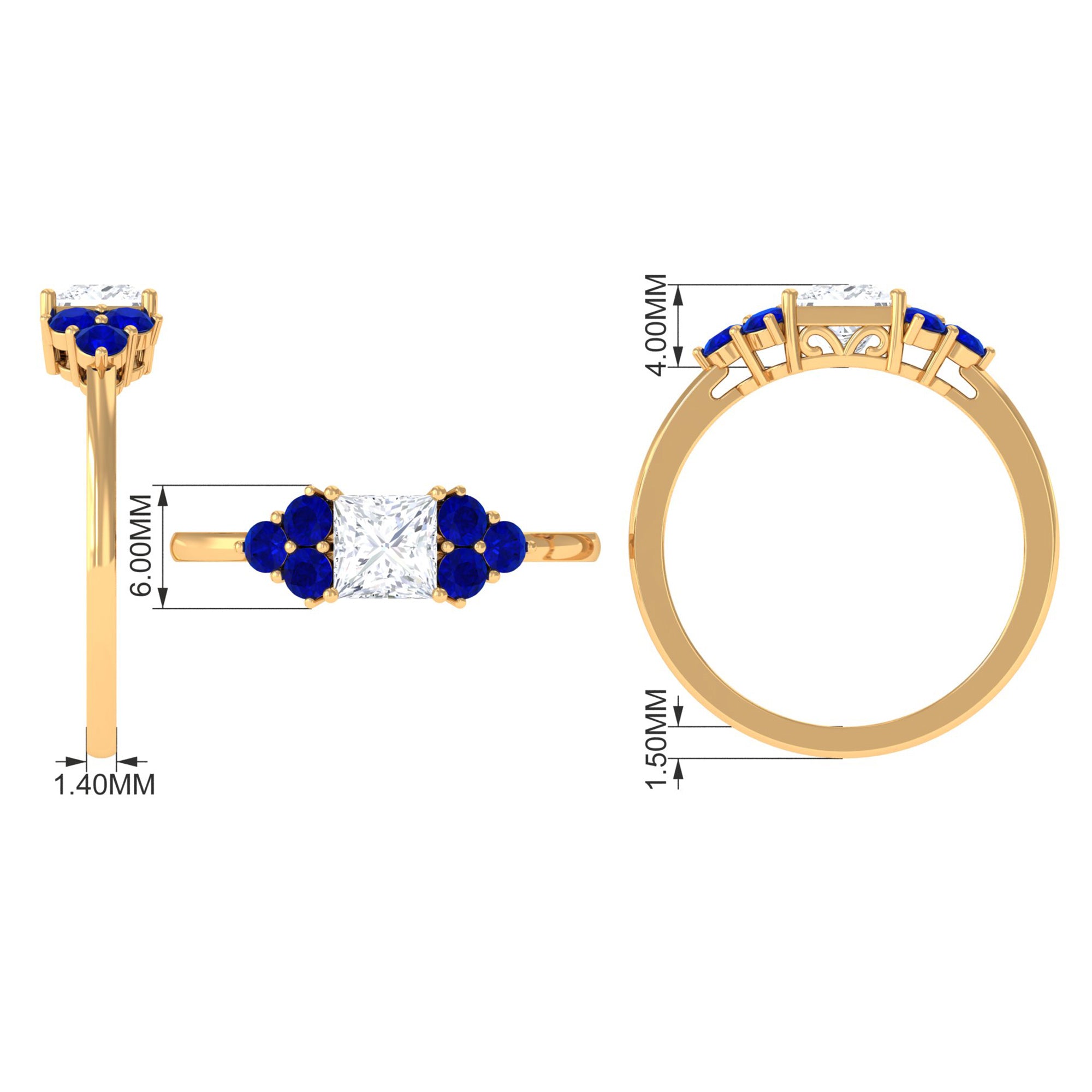 Rosec Jewels-Moissanite Princess Cut Engagement Ring With Lab Grown Blue Sapphire Side Stone