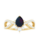 Designer Black Opal Teardrop Crossover Ring with Diamond Black Opal - ( AAA ) - Quality - Rosec Jewels
