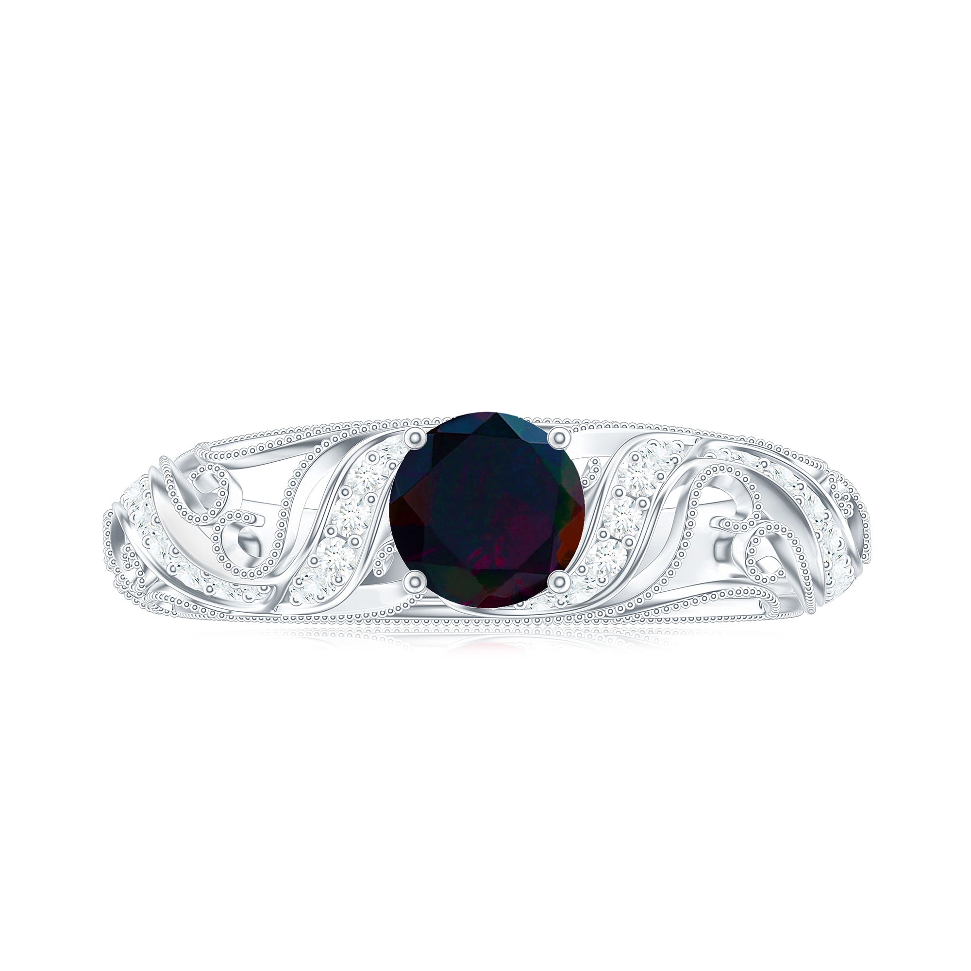 Natural Black Opal Vintage Inspired Engagement Ring Black Opal - ( AAA ) - Quality - Rosec Jewels