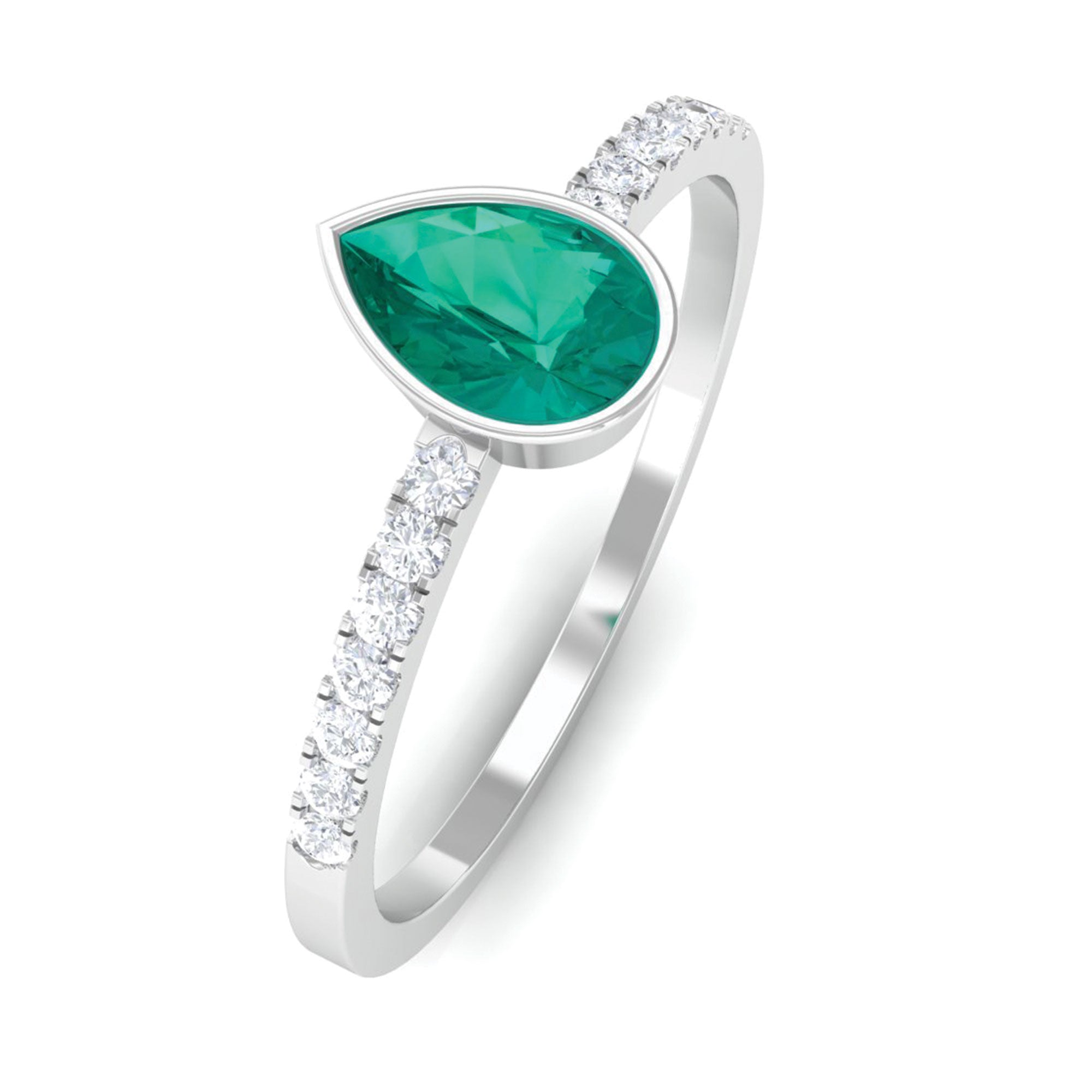 Pear Cut Emerald Solitaire Ring with Diamond Emerald - ( AAA ) - Quality - Rosec Jewels