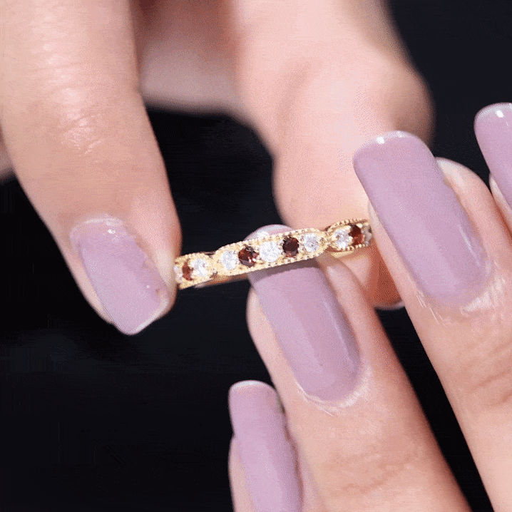 Garnet and Diamond Band Ring with Milgrain Details Garnet - ( AAA ) - Quality - Rosec Jewels