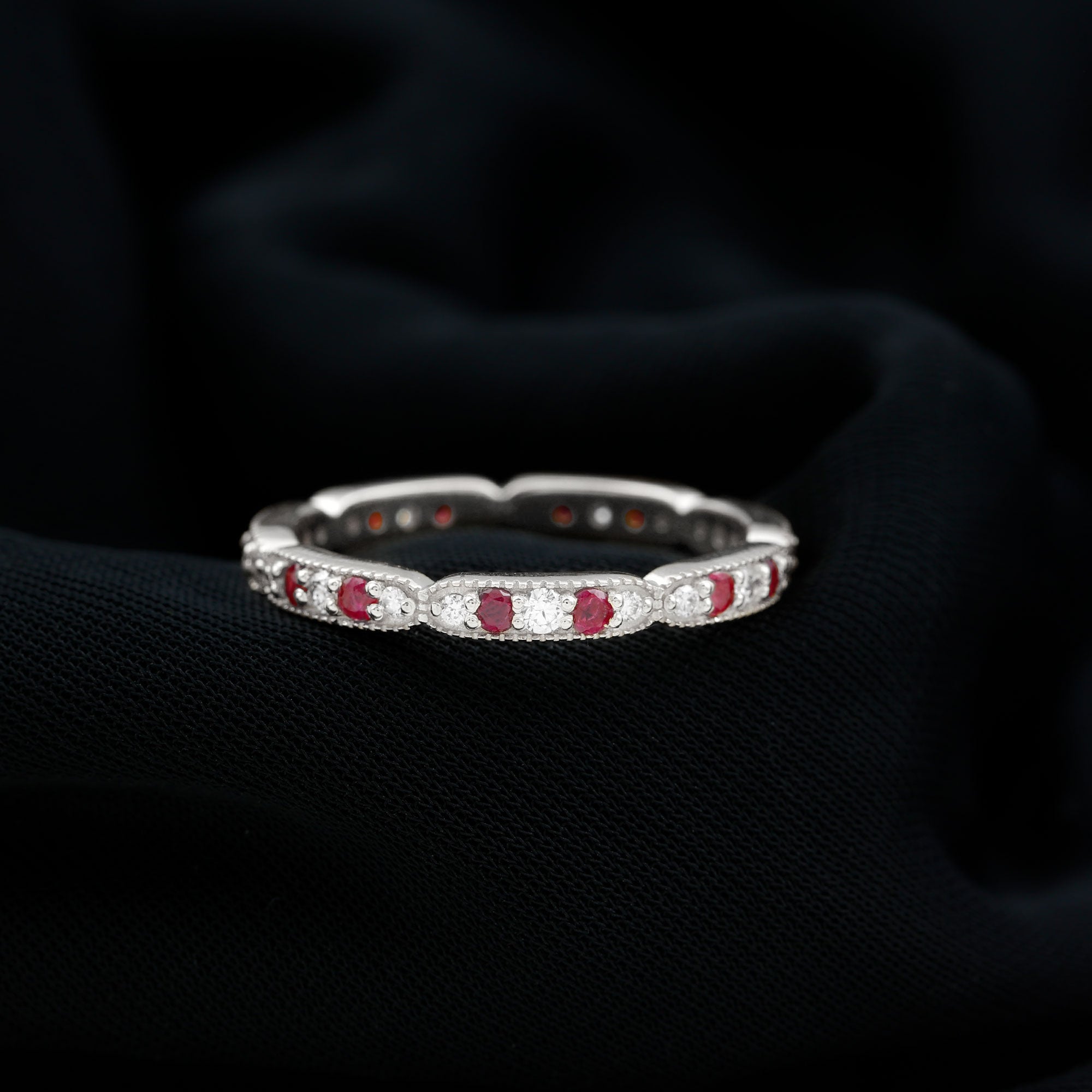 Ruby and Diamond Band Ring with Milgrain Details Ruby - ( AAA ) - Quality - Rosec Jewels
