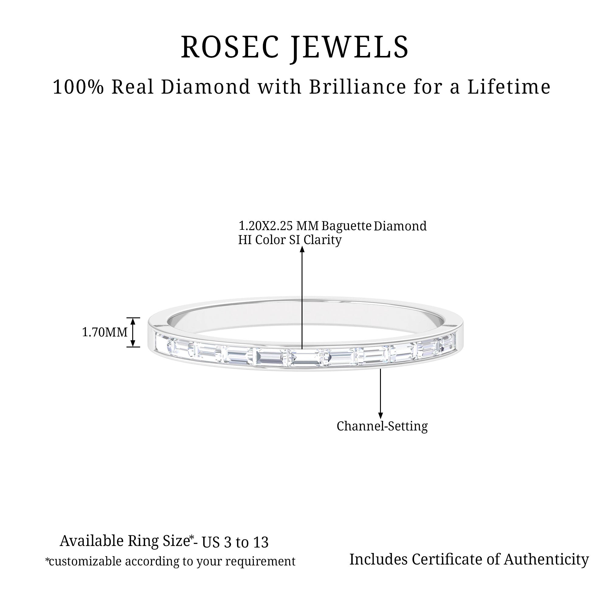 Elegant Stackable Ring with 1/2 CT Baguette Diamond in Channel Setting Diamond - ( HI-SI ) - Color and Clarity - Rosec Jewels