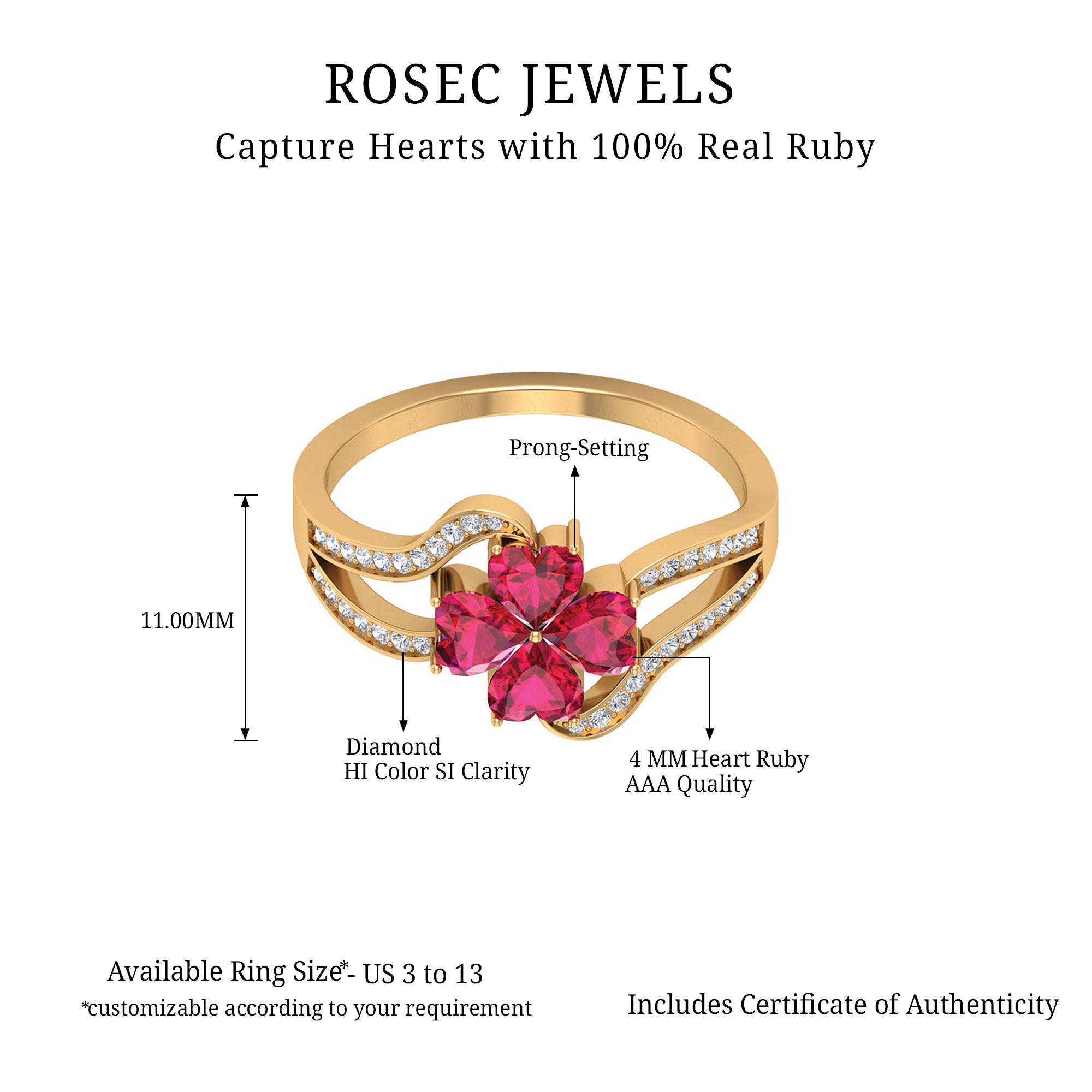 2 CT Heart Ruby Floral Engagement Ring with Split Shank Diamond Ruby - ( AAA ) - Quality - Rosec Jewels