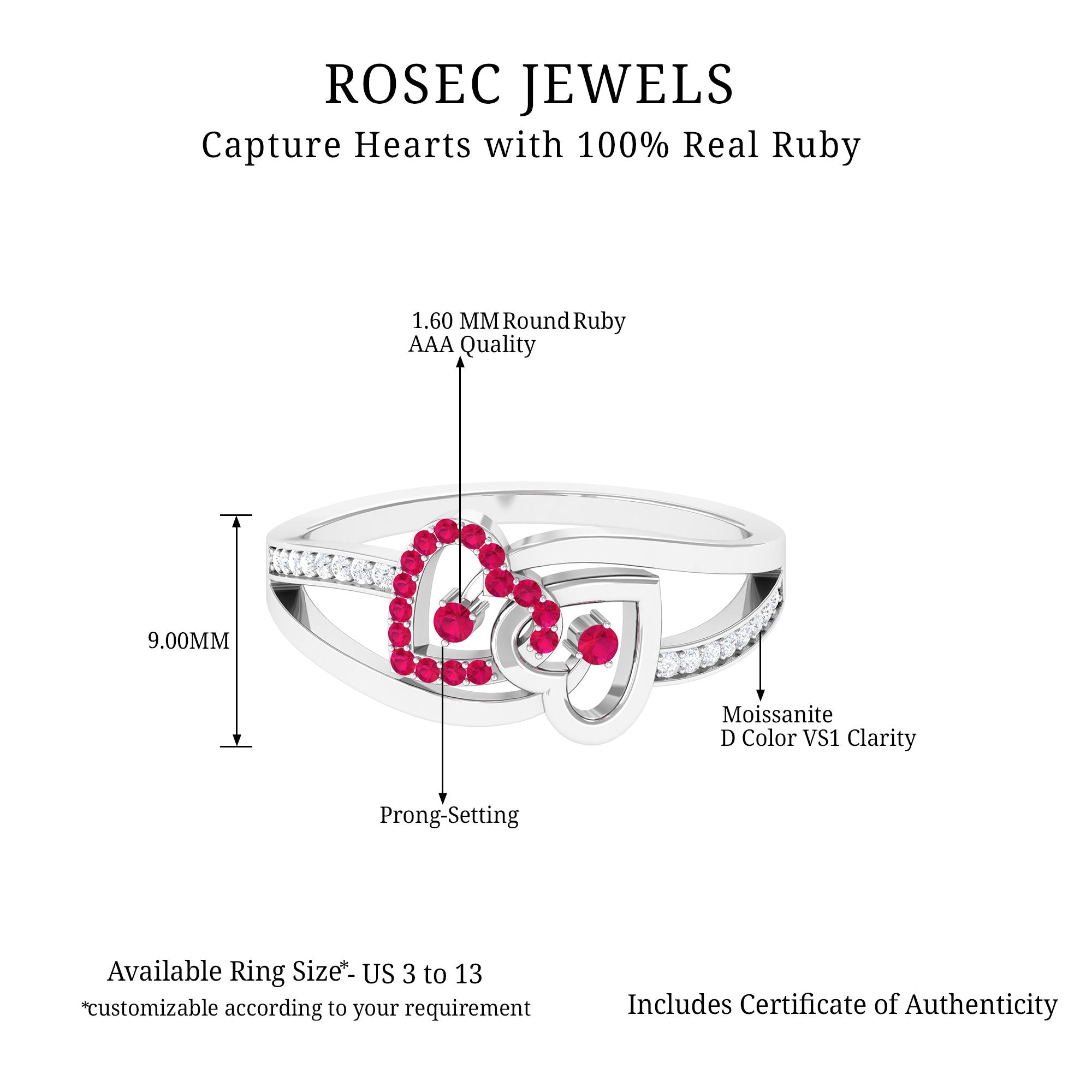 0.25 CT Interlock Heart Ring with Ruby and Moissanite in Gold Ruby - ( AAA ) - Quality - Rosec Jewels