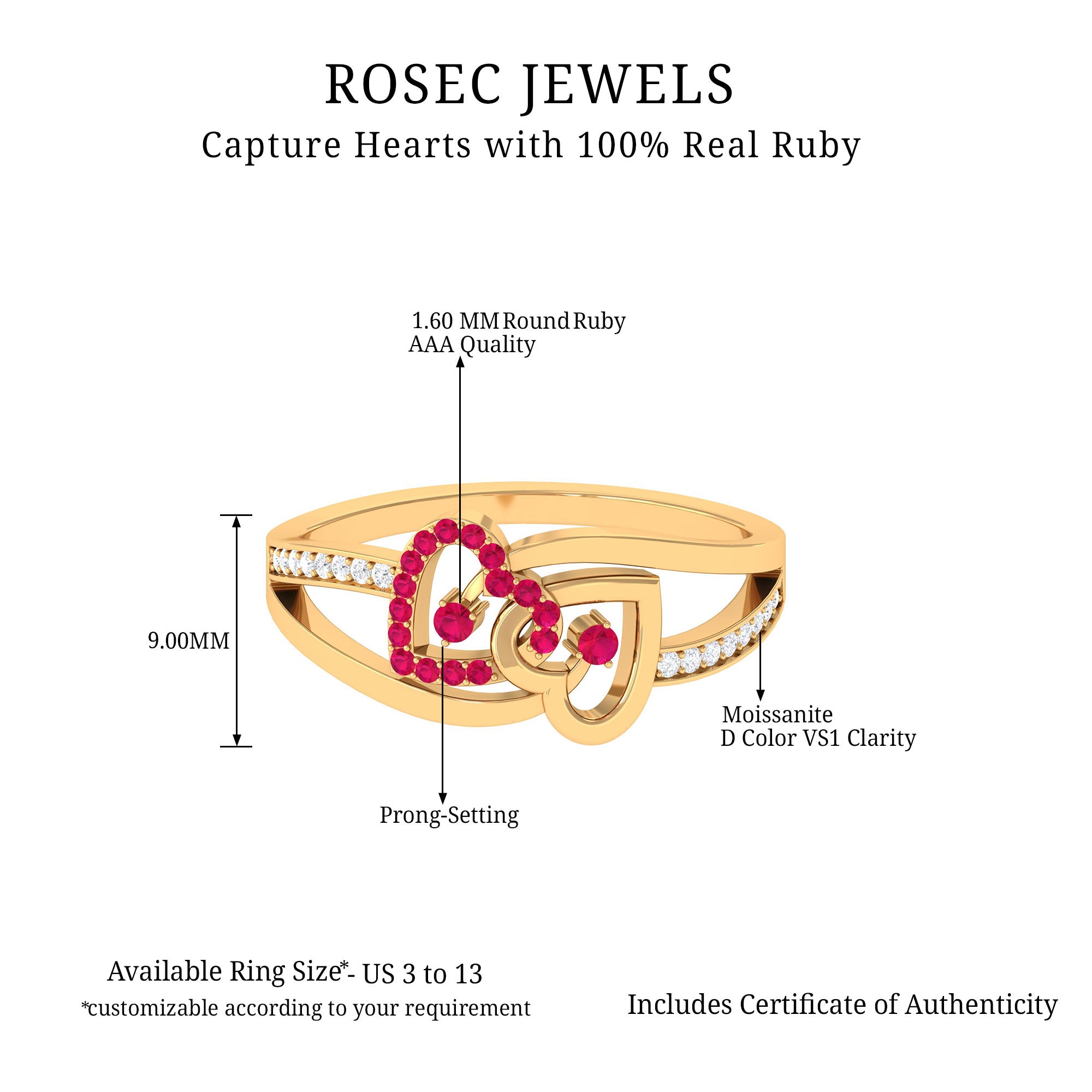 0.25 CT Interlock Heart Ring with Ruby and Moissanite in Gold Ruby - ( AAA ) - Quality - Rosec Jewels