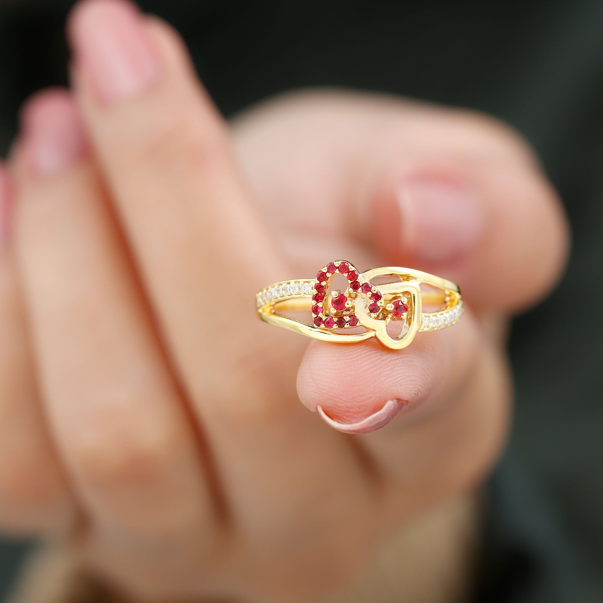 0.25 CT Interlock Heart Ring with Ruby and Moissanite in Gold Ruby - ( AAA ) - Quality - Rosec Jewels