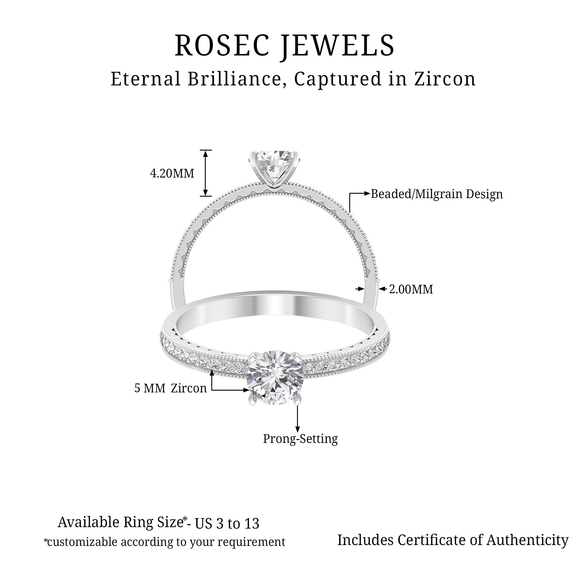 0.75 CT Zircon Gold Beaded Solitaire Promise Ring Zircon - ( AAAA ) - Quality - Rosec Jewels