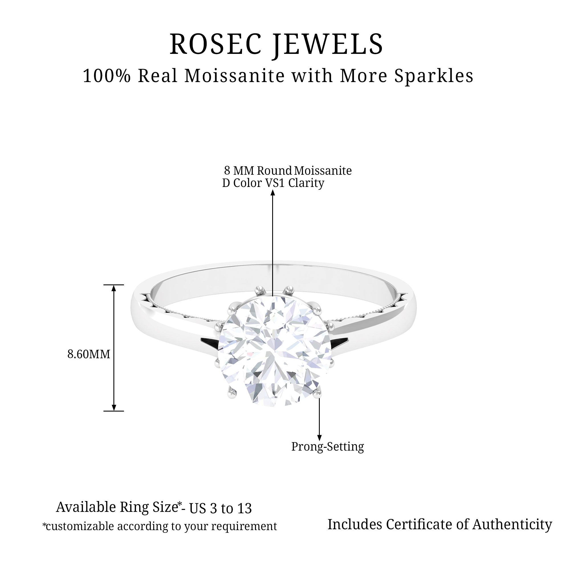 8 MM Round Cut Moissanite Solitaire Gold Ring with Milgrain Detailing Moissanite - ( D-VS1 ) - Color and Clarity - Rosec Jewels