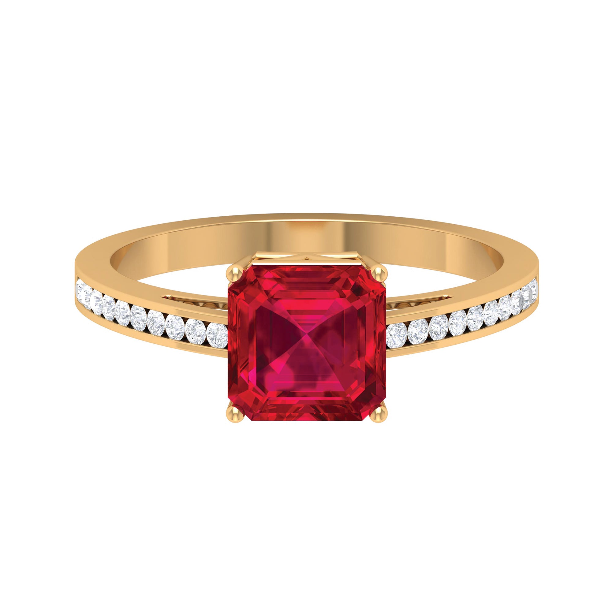 4.25 CT Asscher Cut Created Ruby Solitaire Engagement Ring with Diamond Side Stones Lab Created Ruby - ( AAAA ) - Quality - Rosec Jewels