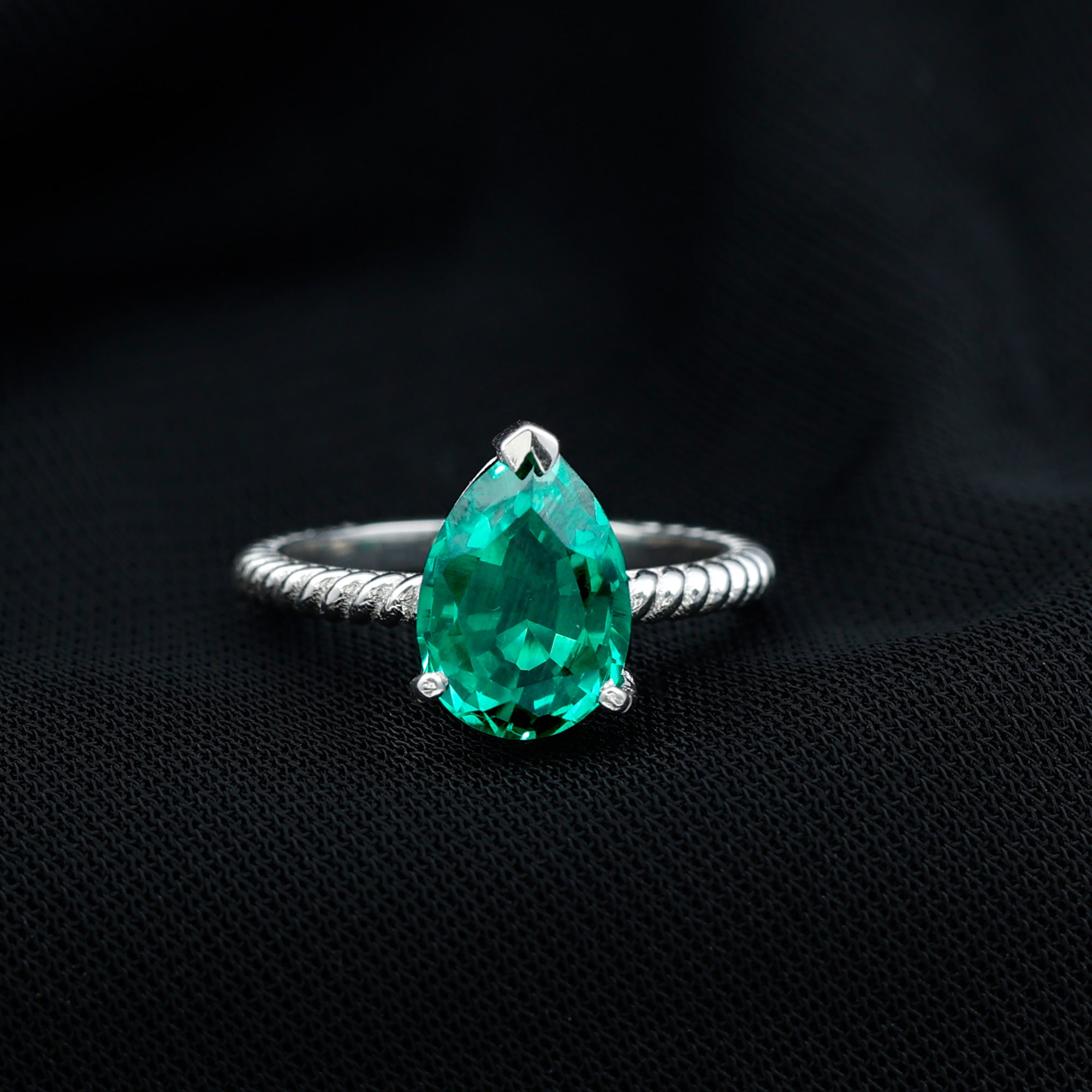 Created Emerald Solitaire Teardrop Ring with Hidden Moissanite Lab Created Emerald - ( AAAA ) - Quality - Rosec Jewels