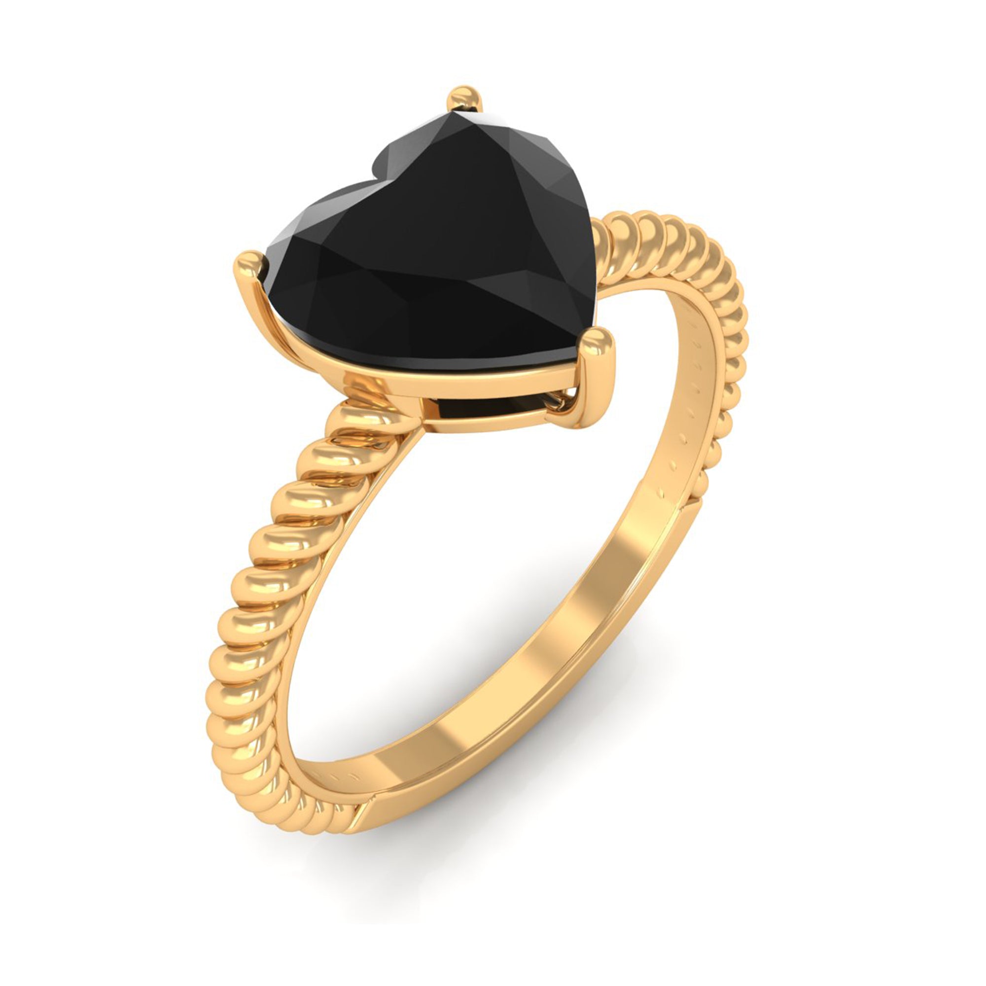 8 MM Heart Shape Created Black Diamond Solitaire Gold Rope Ring Lab Created Black Diamond - ( AAAA ) - Quality - Rosec Jewels