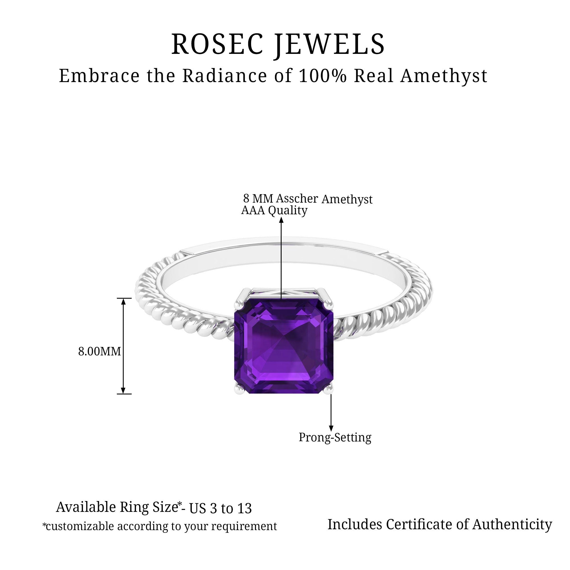 Asscher Cut Amethyst Solitaire Ring with Twisted Rope Details Amethyst - ( AAA ) - Quality - Rosec Jewels