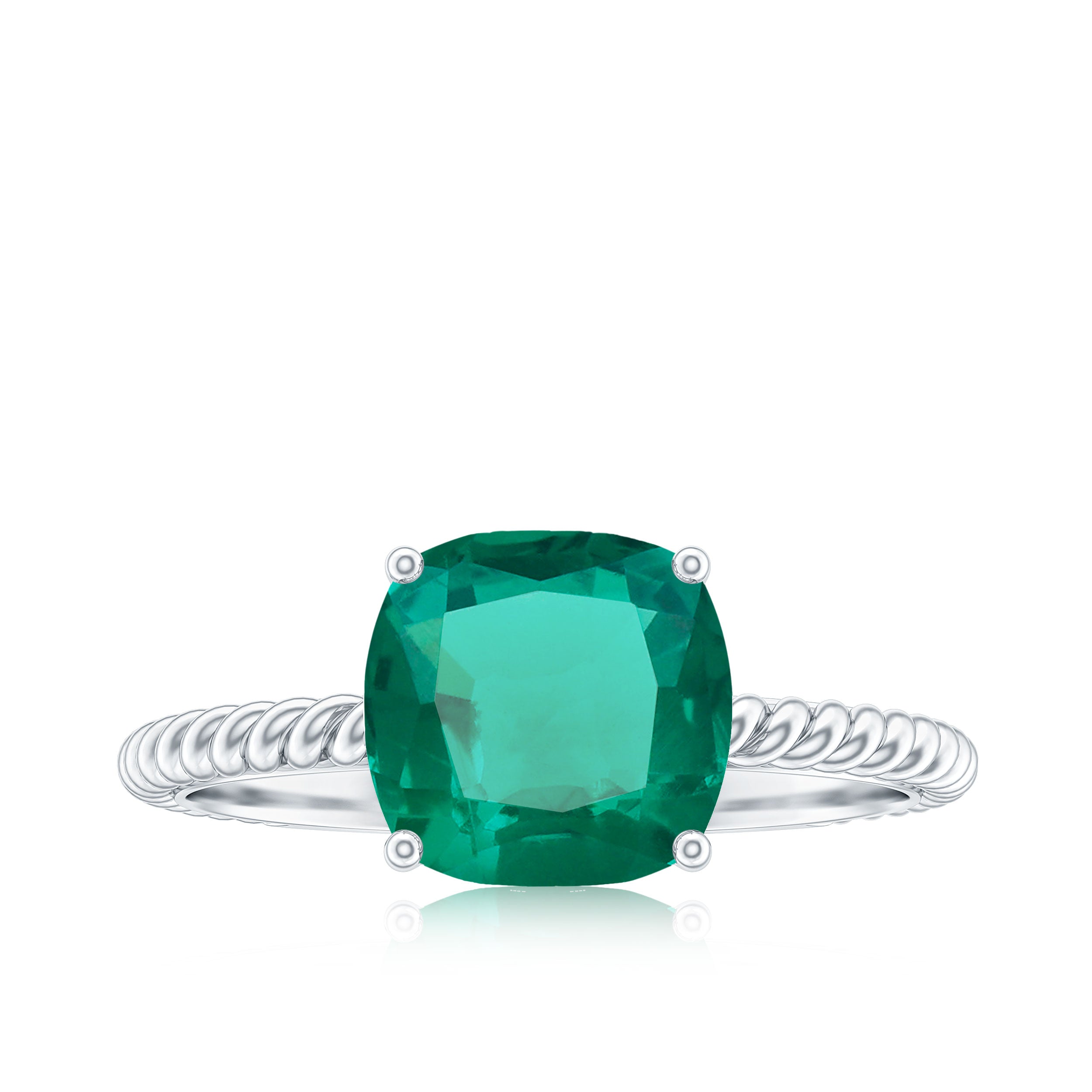 Cushion Cut Created Emerald Solitaire Ring with Diamond Lab Created Emerald - ( AAAA ) - Quality - Rosec Jewels