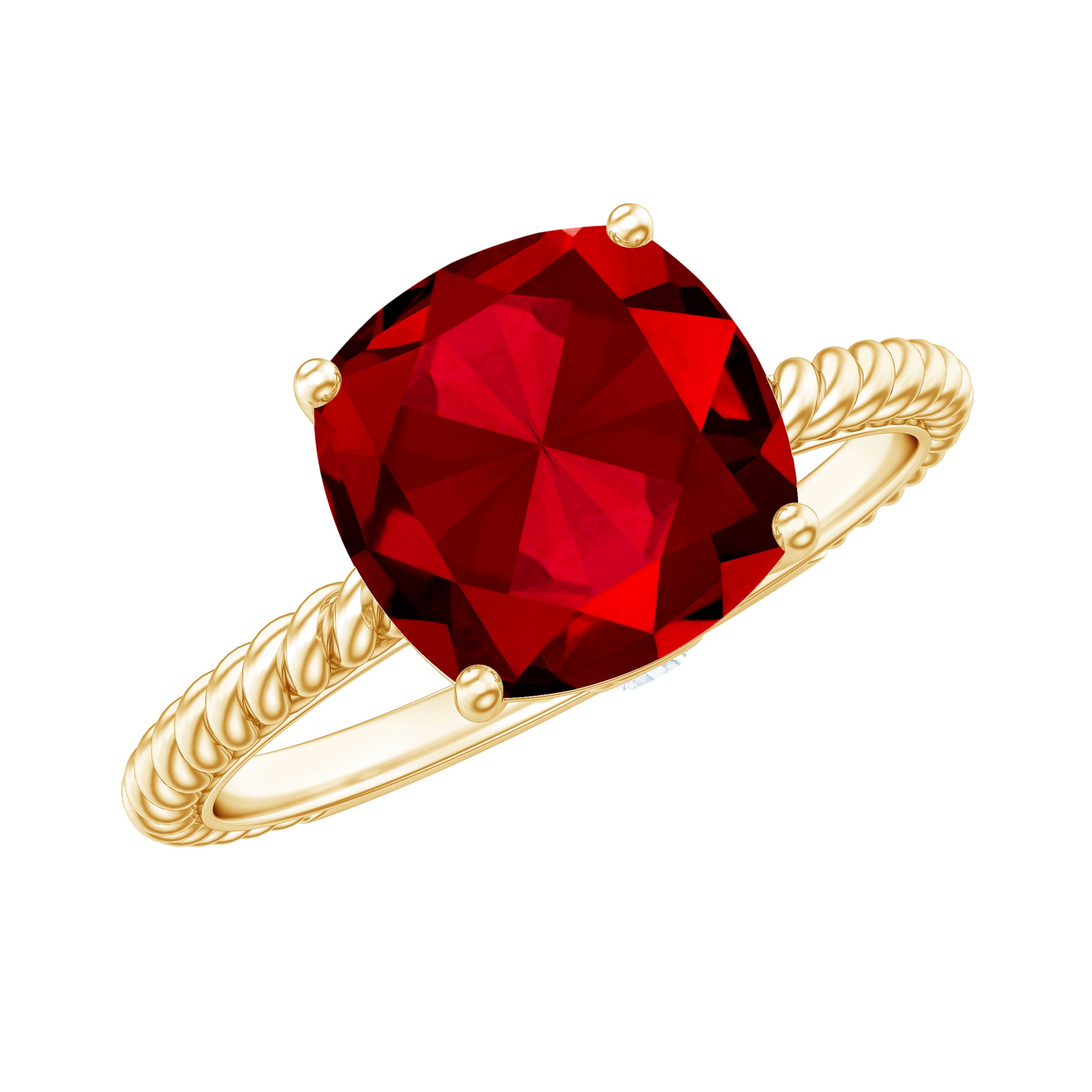 Solitaire Created Ruby and Diamond Ring with Twisted Rope Detailing Lab Created Ruby - ( AAAA ) - Quality - Rosec Jewels