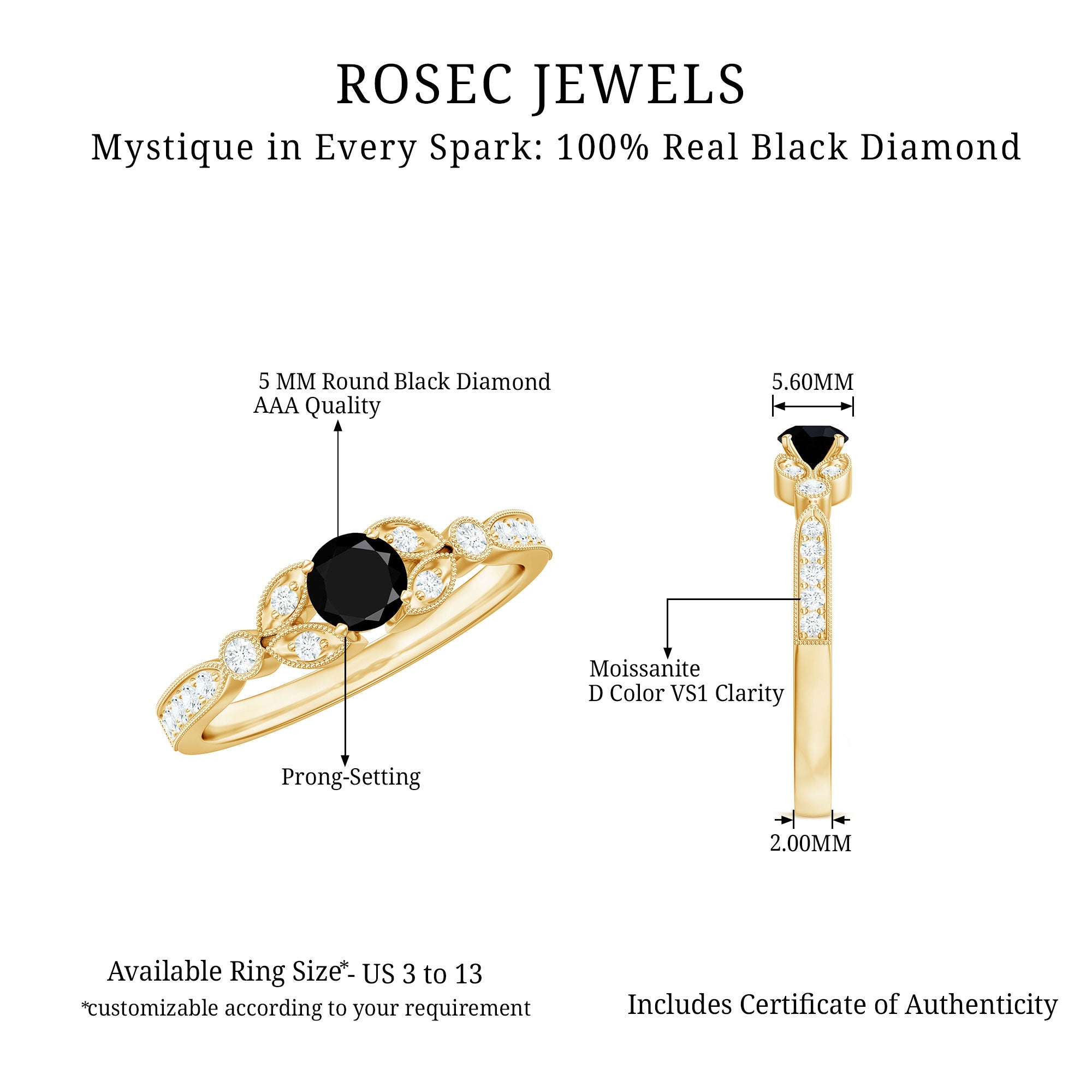 0.75 CT Black Diamond and Diamond Engagement Ring with Milgrain Detailing Black Diamond - ( AAA ) - Quality - Rosec Jewels