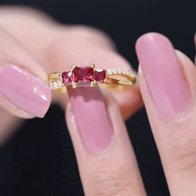 Princess Cut Lab Grown Ruby Three Stone Infinity Ring with Diamond Lab Created Ruby - ( AAAA ) - Quality - Rosec Jewels
