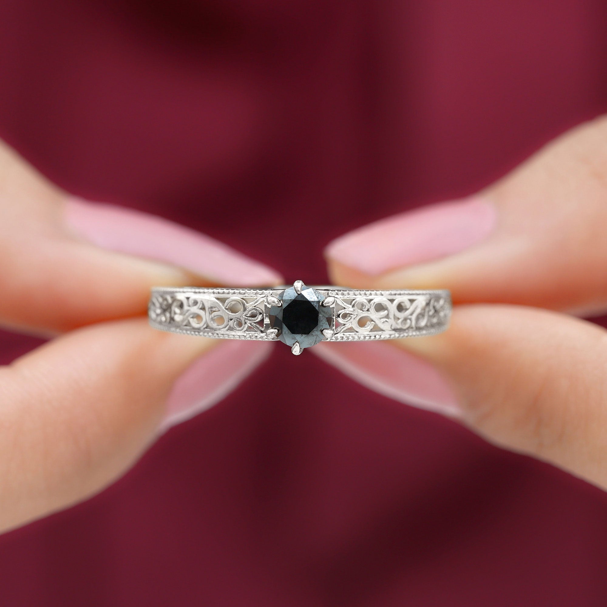 5 MM Round Cut Black Diamond Solitaire Gold Filigree Ring Black Diamond - ( AAA ) - Quality - Rosec Jewels