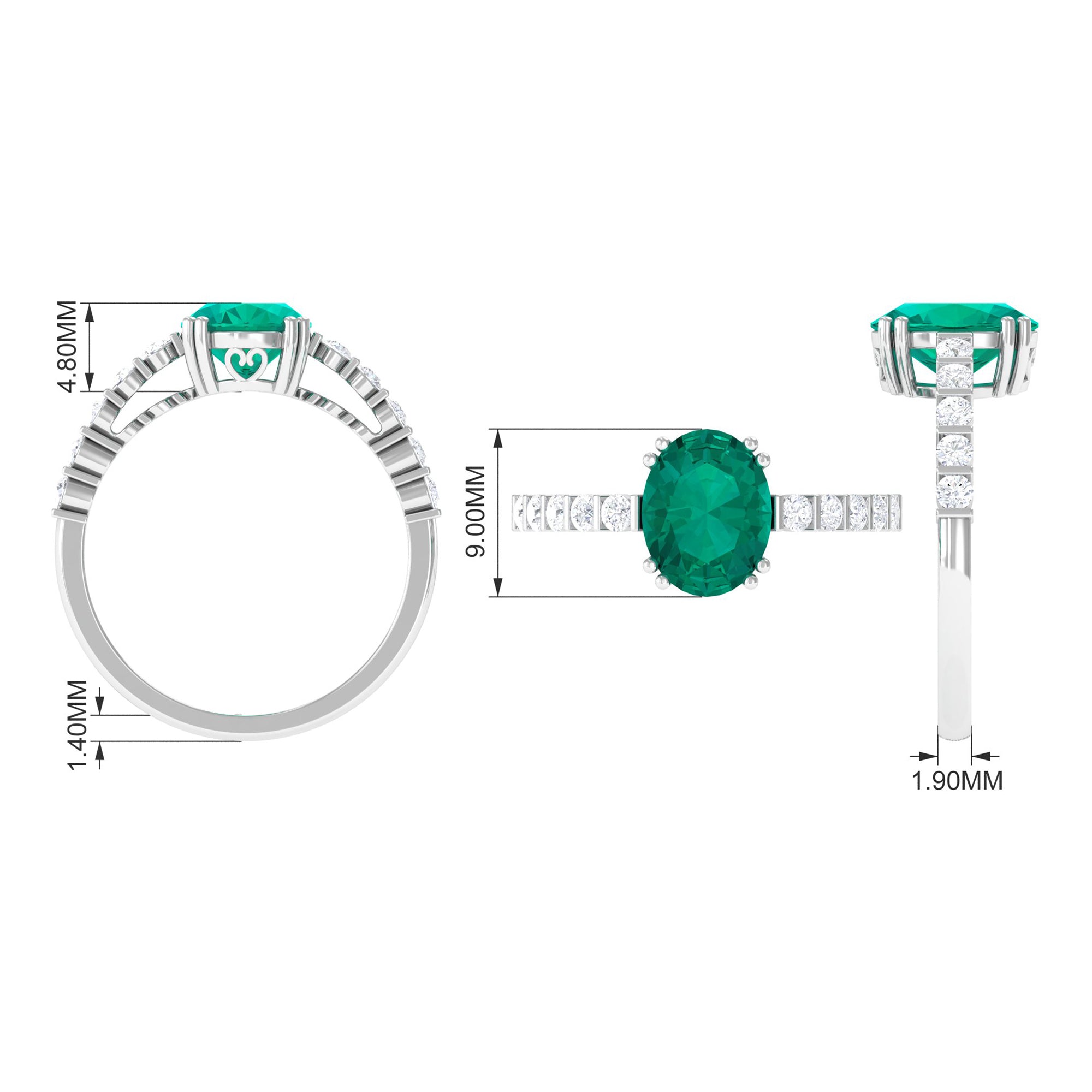 2.5 CT Oval Created Emerald Solitaire Engagement Ring with Diamond Lab Created Emerald - ( AAAA ) - Quality - Rosec Jewels