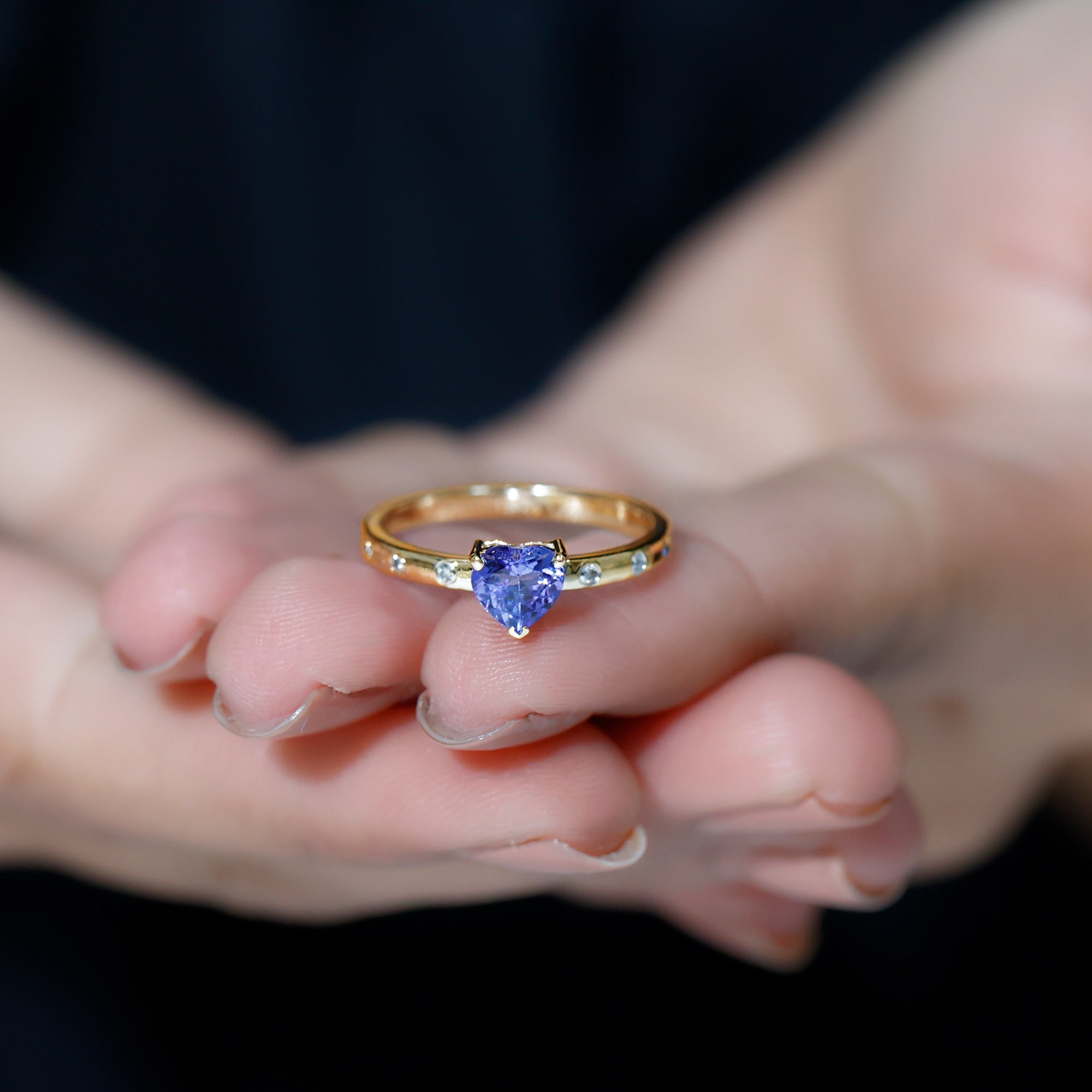 Heart Shape Tanzanite Solitaire Ring with Diamond Sleek Accent Tanzanite - ( AAA ) - Quality - Rosec Jewels