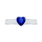 Heart Shape Created Blue Sapphire Solitaire Ring with Diamond Side Stone Lab Created Blue Sapphire - ( AAAA ) - Quality - Rosec Jewels