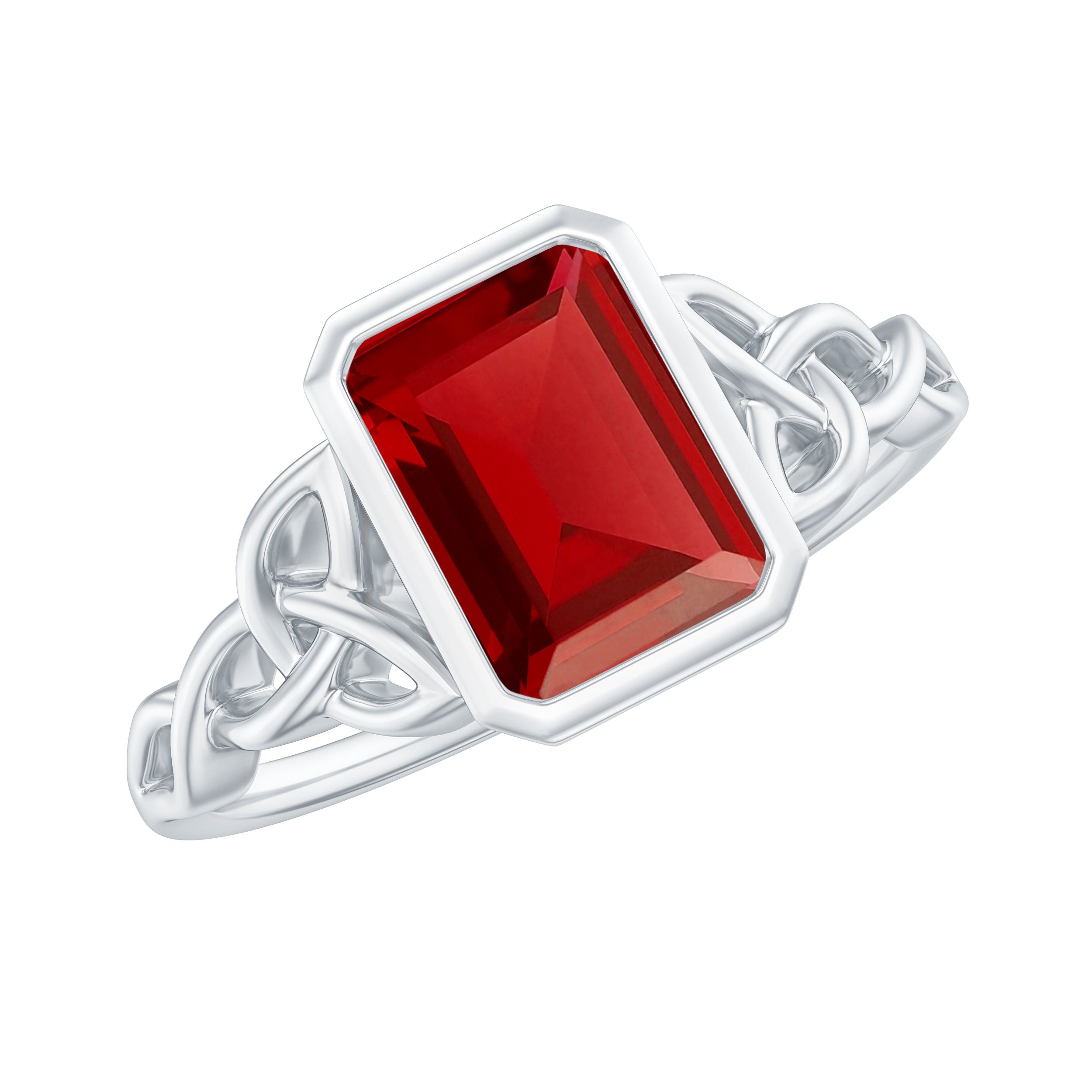 Emerald Cut Created Ruby Celtic Knot Ring with Surprise Diamond Lab Created Ruby - ( AAAA ) - Quality - Rosec Jewels