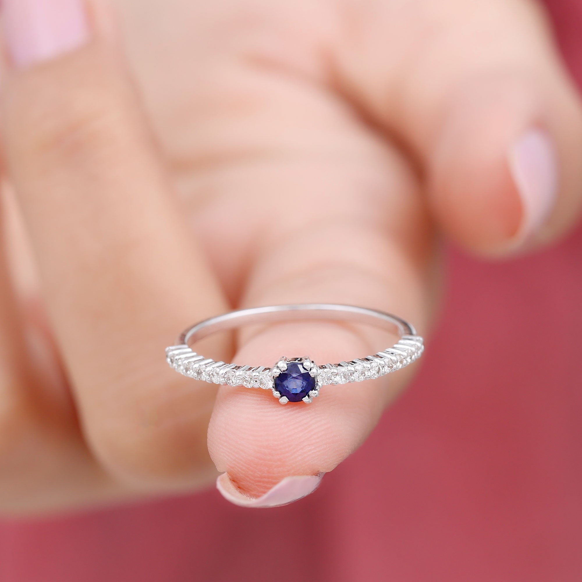 Round Blue Sapphire Dainty Promise Ring with Diamond Blue Sapphire - ( AAA ) - Quality - Rosec Jewels