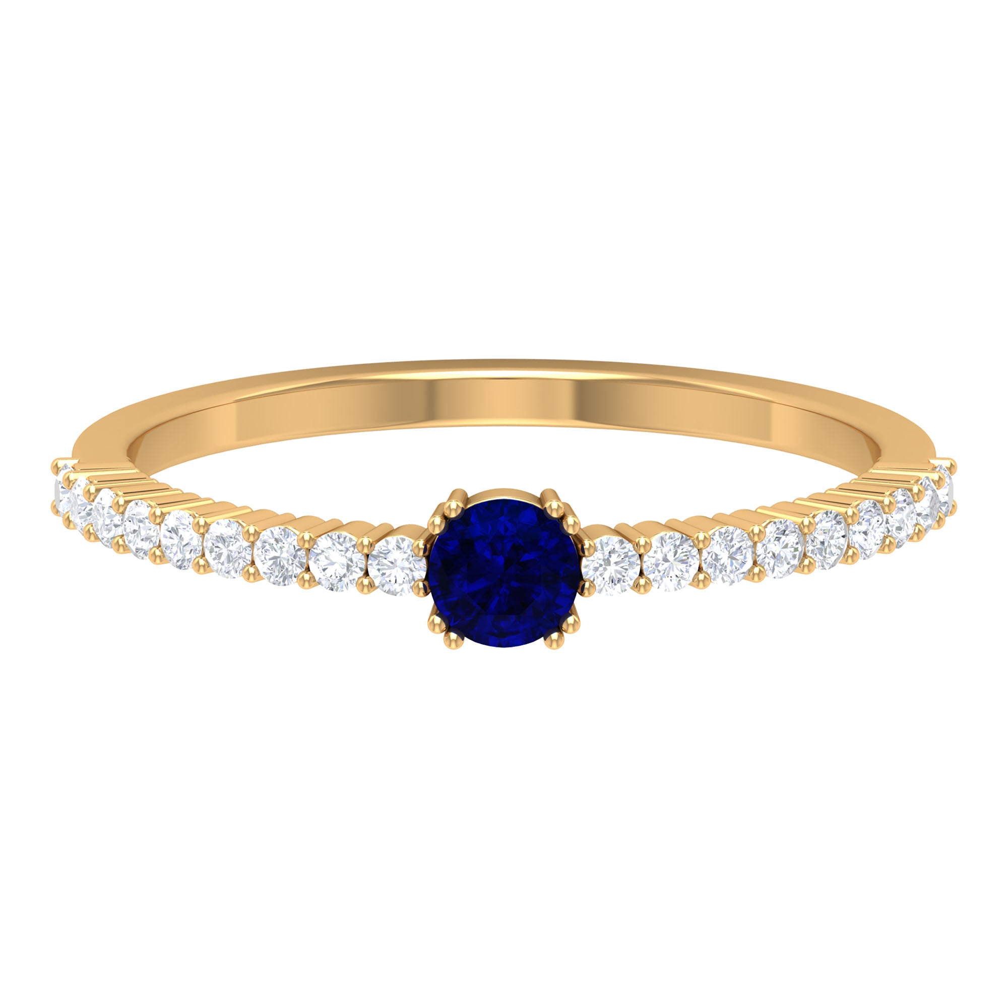 Round Blue Sapphire Dainty Promise Ring with Diamond Blue Sapphire - ( AAA ) - Quality - Rosec Jewels