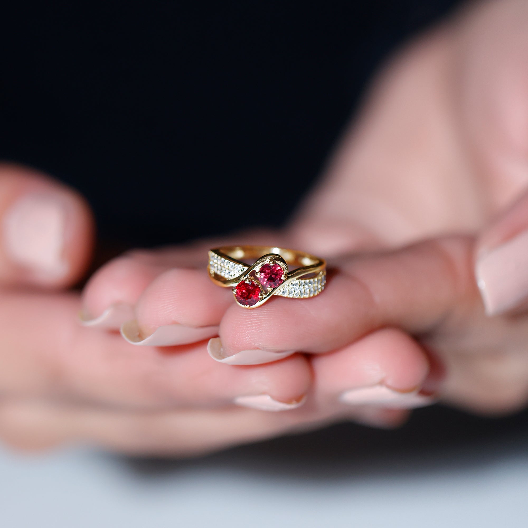 Two Stone Ruby Bypass Engagement Ring with Diamond Ruby - ( AAA ) - Quality - Rosec Jewels