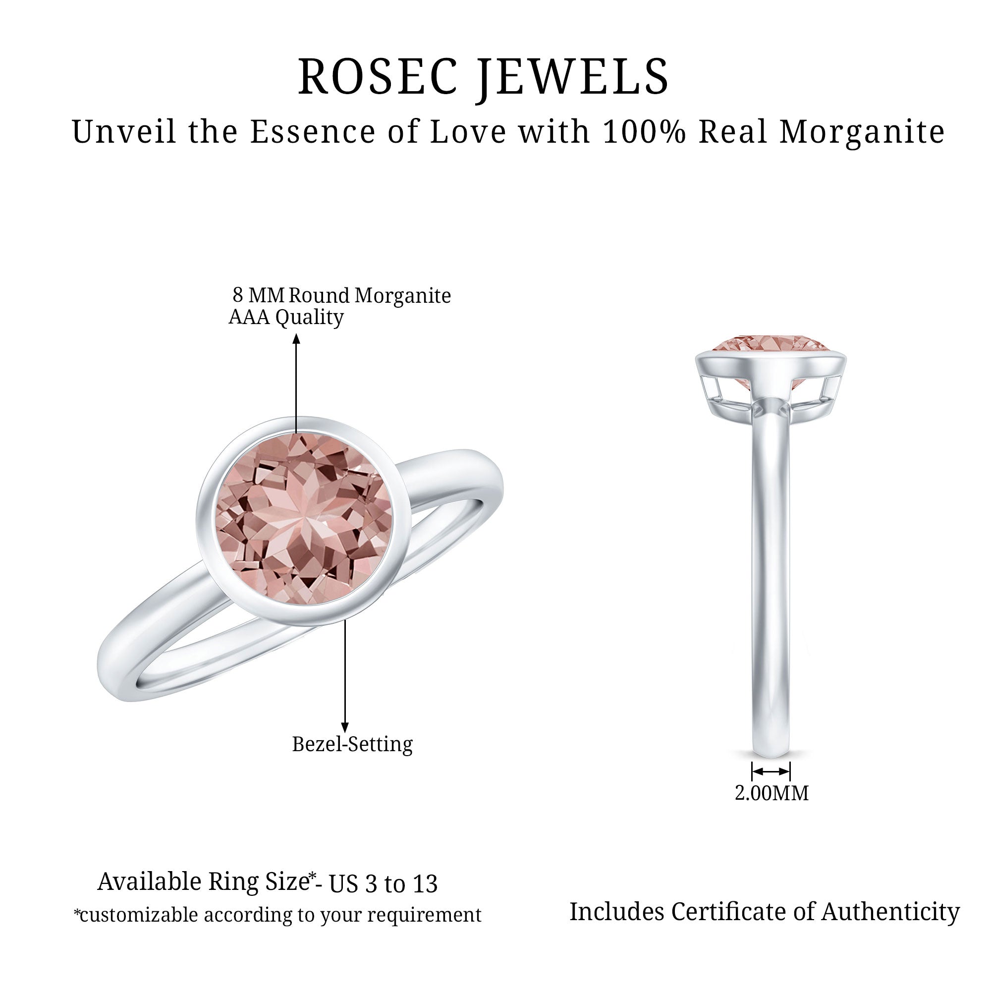 Rosec Jewels-7 MM Round Cut Bezel Set Morganite Solitaire Ring