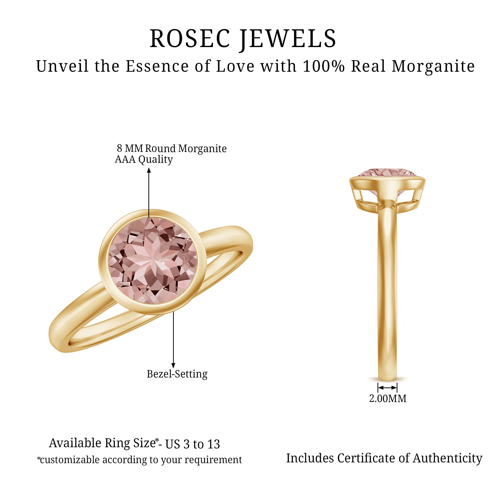 Rosec Jewels-7 MM Round Cut Bezel Set Morganite Solitaire Ring