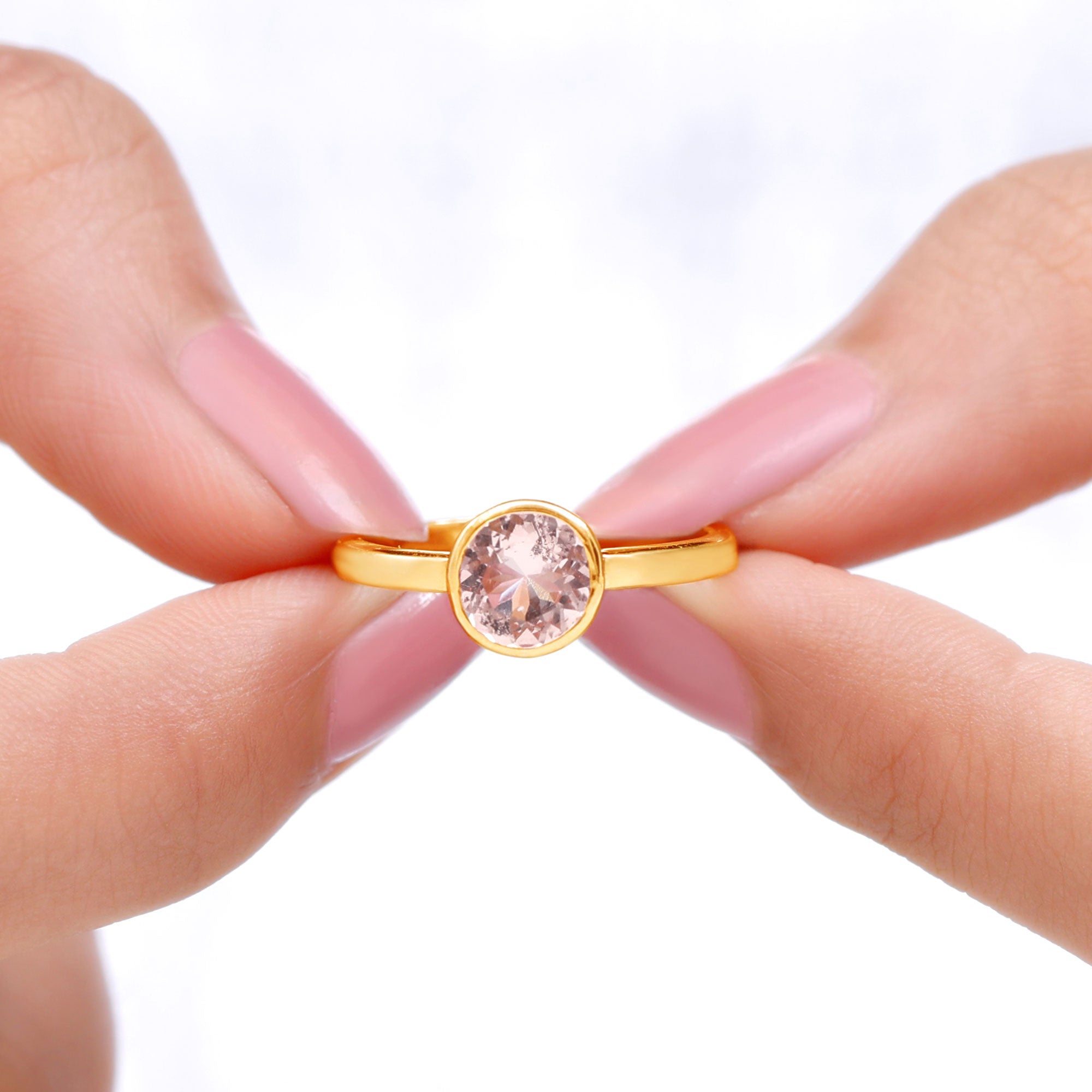 Rosec Jewels-7 MM Round Cut Bezel Set Morganite Solitaire Ring