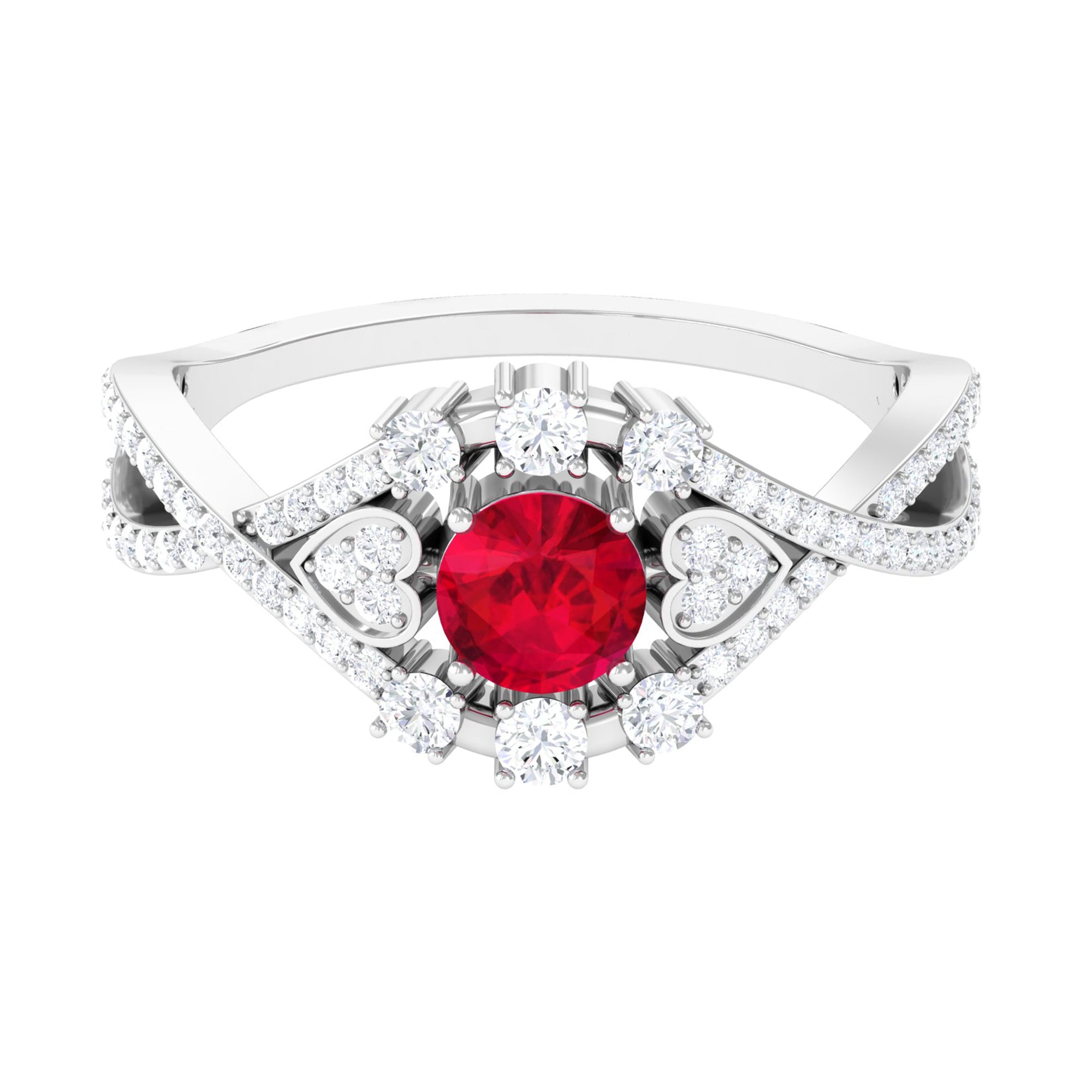 Vintage Created Ruby Crossover Engagement Ring with Moissanite Lab Created Ruby - ( AAAA ) - Quality - Rosec Jewels