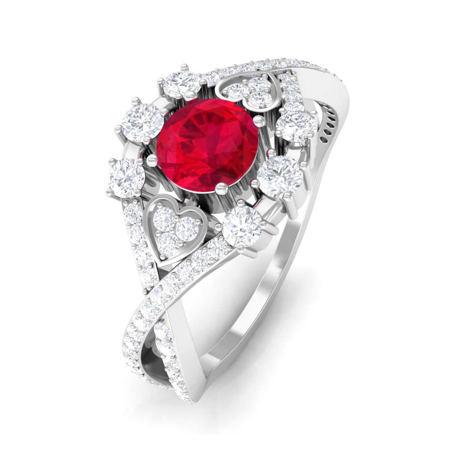 Vintage Created Ruby Crossover Engagement Ring with Moissanite Lab Created Ruby - ( AAAA ) - Quality - Rosec Jewels