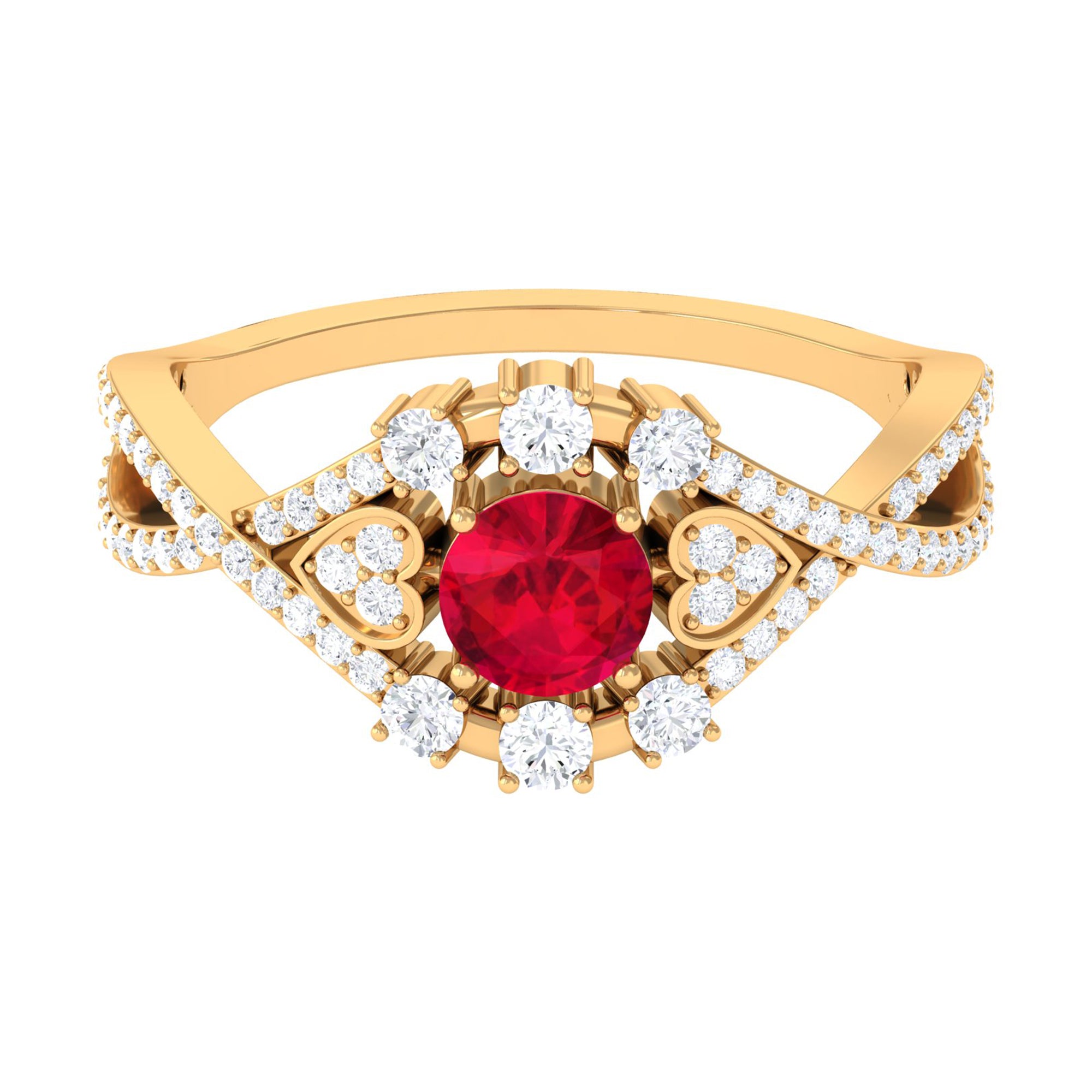 Vintage Created Ruby Crossover Engagement Ring with Moissanite Lab Created Ruby - ( AAAA ) - Quality - Rosec Jewels