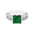 Princess Cut Lab Grown Emerald Filigree Ring with Surprise Diamond Lab Created Emerald - ( AAAA ) - Quality - Rosec Jewels