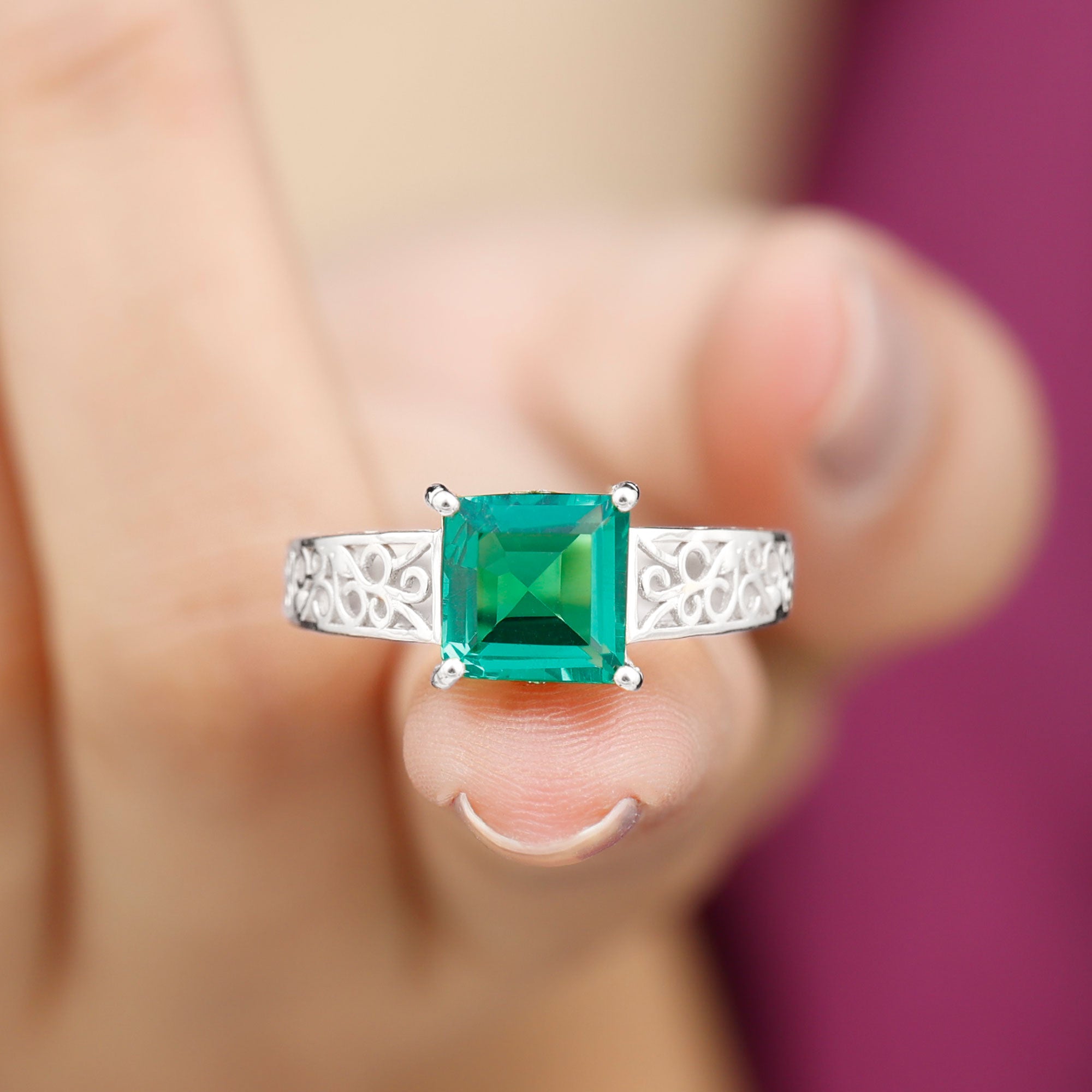 Princess Cut Lab Grown Emerald Filigree Ring with Surprise Diamond Lab Created Emerald - ( AAAA ) - Quality - Rosec Jewels