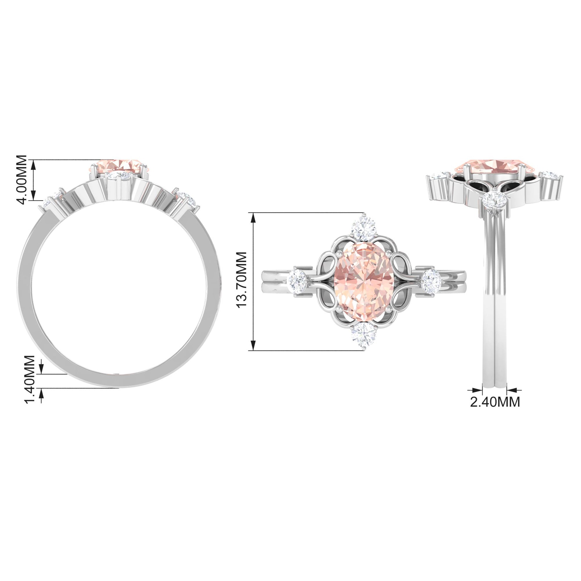Oval Morganite Cocktail Ring with Diamond Morganite - ( AAA ) - Quality - Rosec Jewels