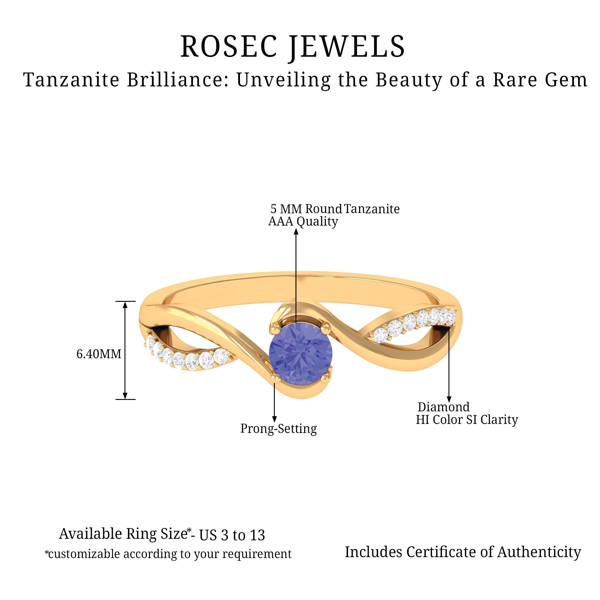 Tanzanite and Diamond Solitaire Bypass Ring Tanzanite - ( AAA ) - Quality - Rosec Jewels