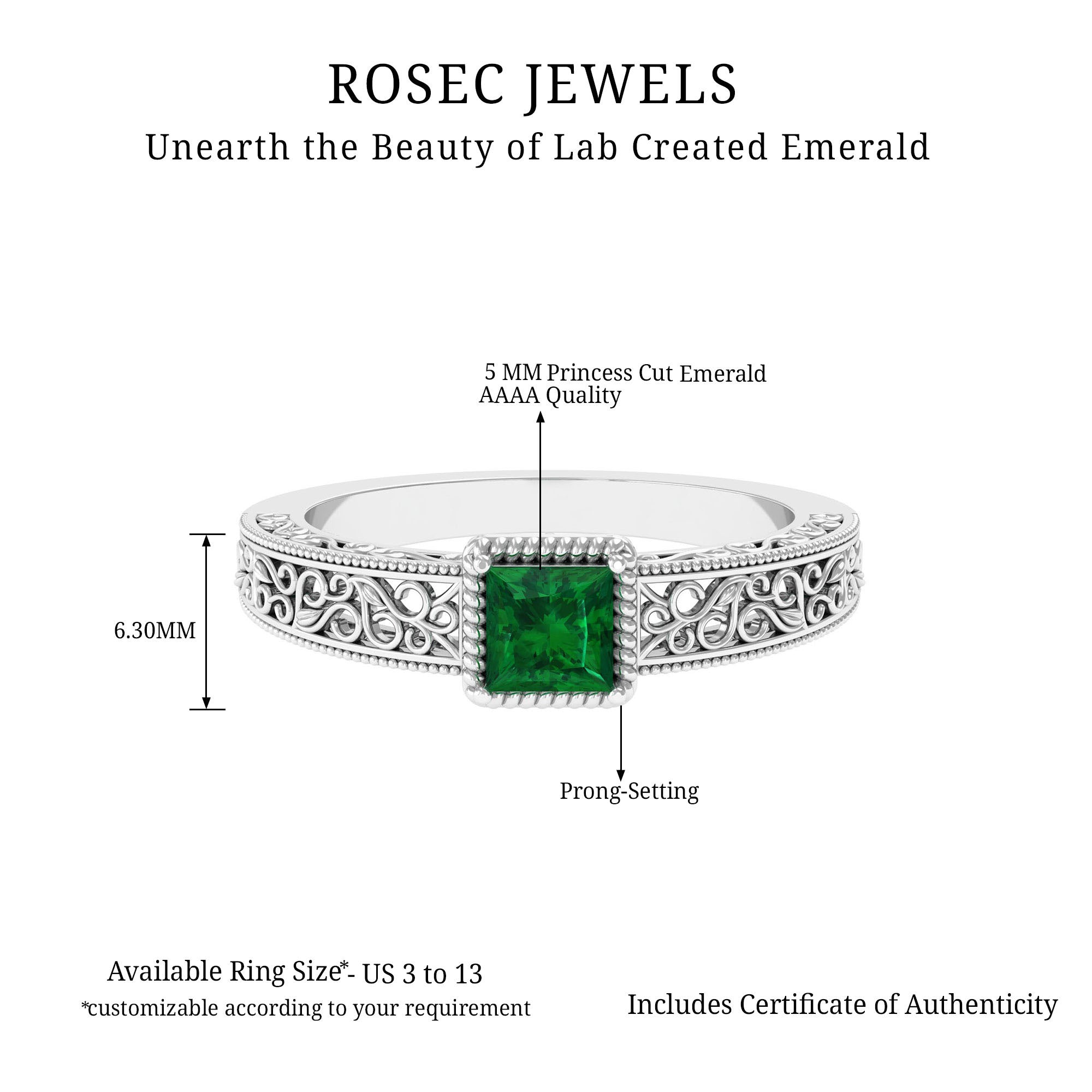 Princess Cut Lab Grown Emerald Solitaire Filigree Engagement Ring Lab Created Emerald - ( AAAA ) - Quality - Rosec Jewels