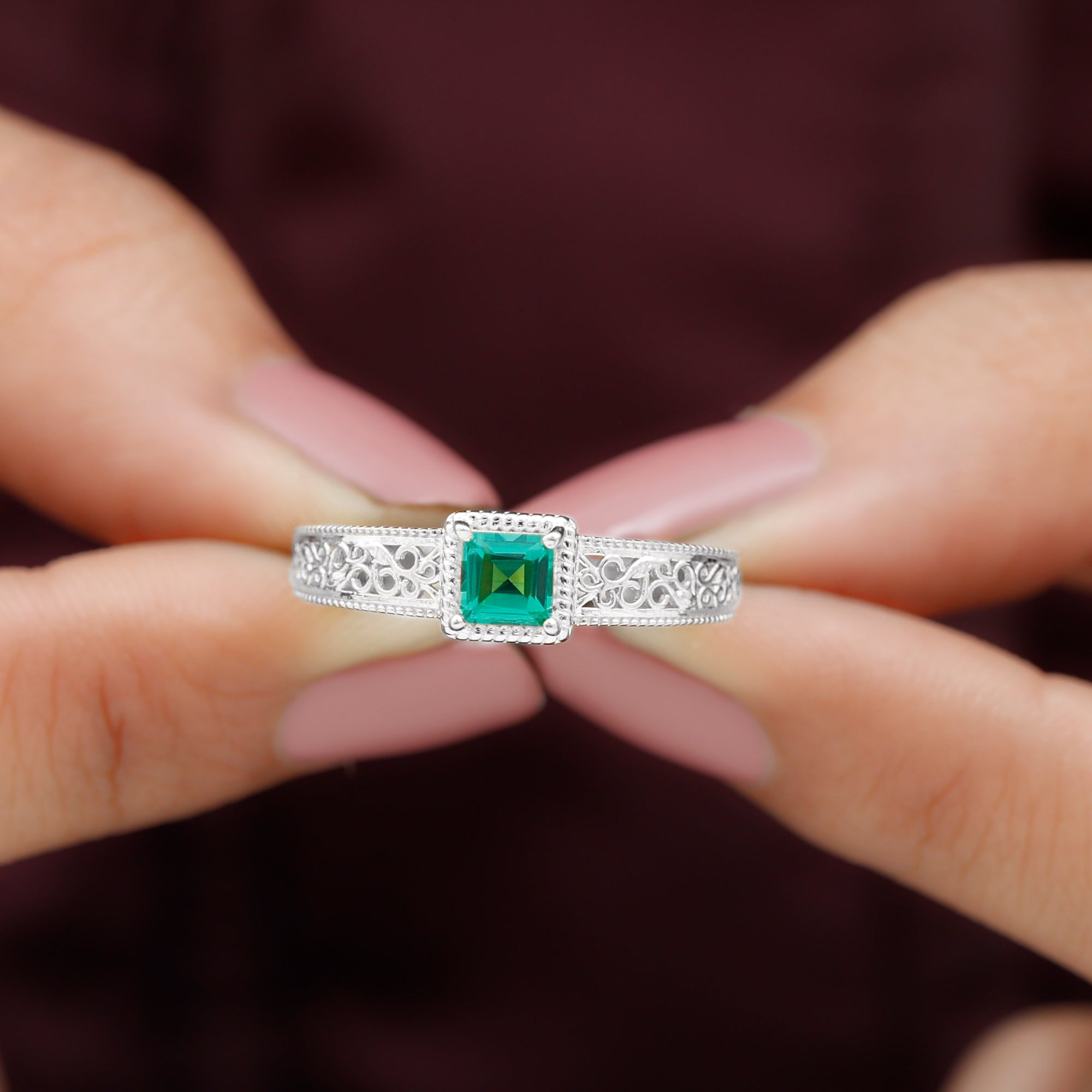 Princess Cut Lab Grown Emerald Solitaire Filigree Engagement Ring Lab Created Emerald - ( AAAA ) - Quality - Rosec Jewels
