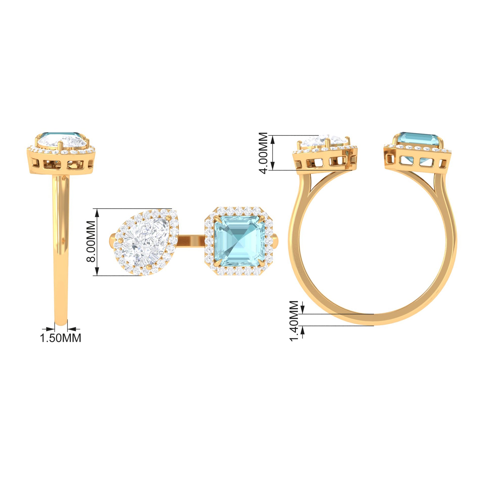 Real Sky Blue Topaz Cuff Ring With Moissanite Sky Blue Topaz - ( AAA ) - Quality - Rosec Jewels