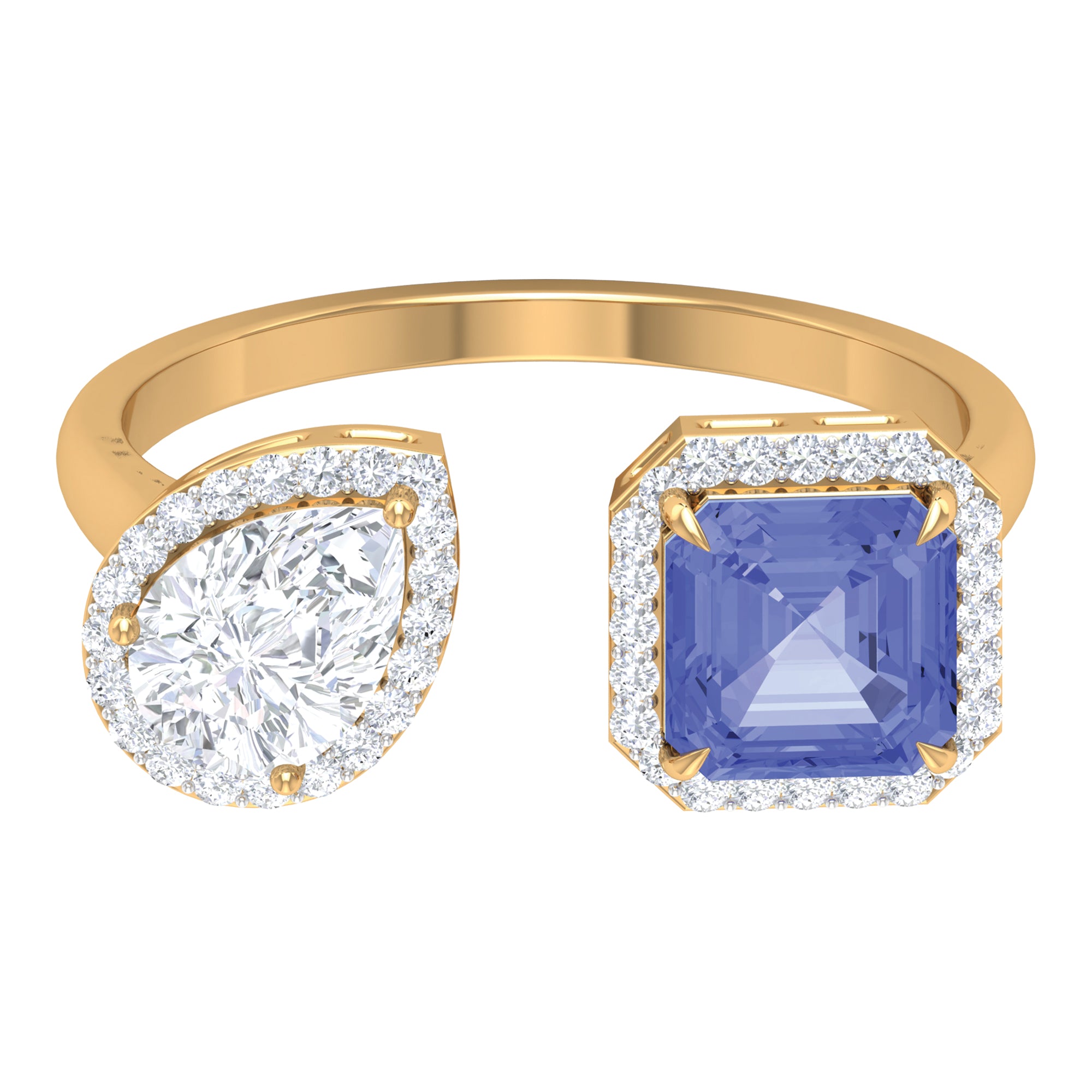 Certified Tanzanite and Moissanite Two Stone Cuff Ring in Gold Tanzanite - ( AAA ) - Quality - Rosec Jewels