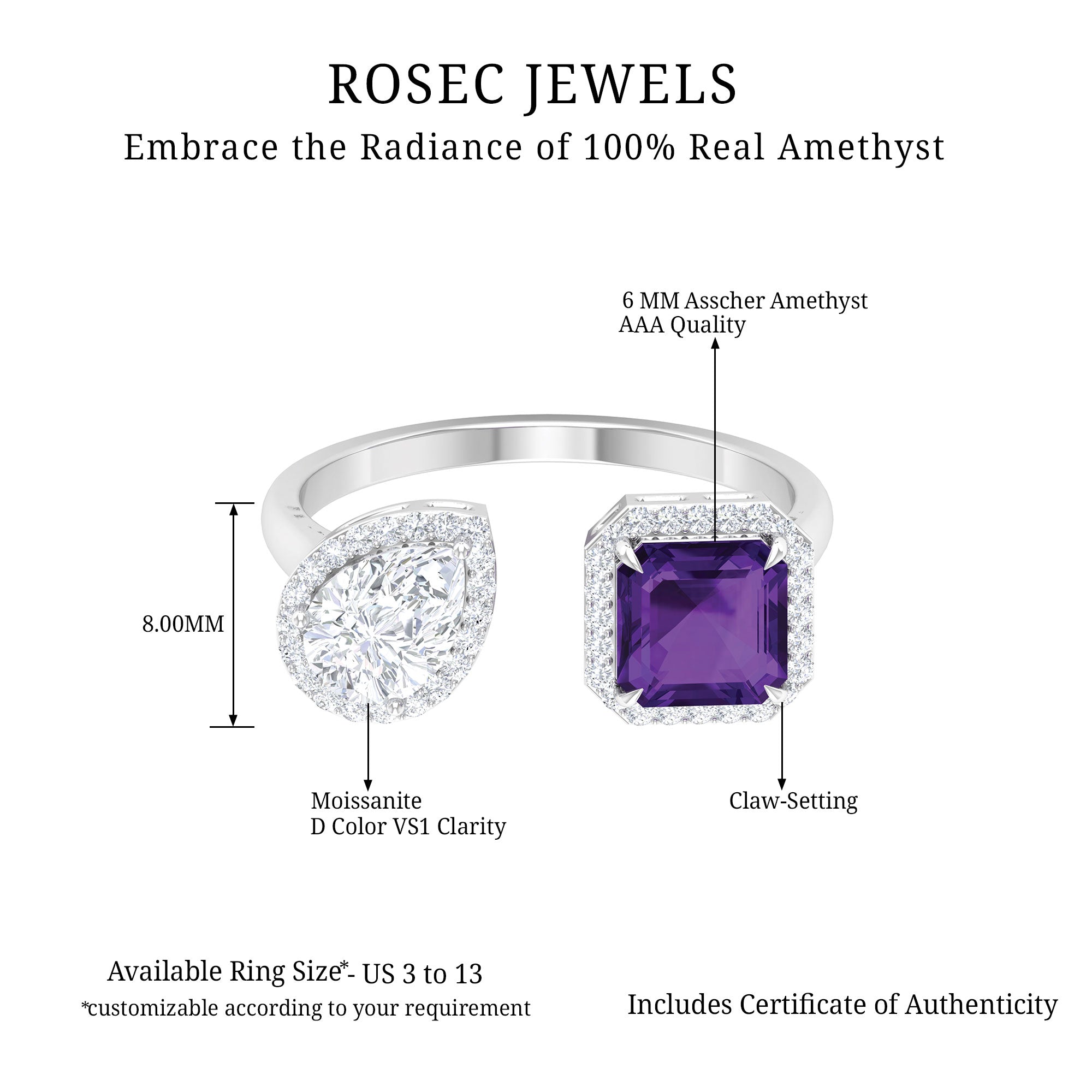 Amethyst and Moissanite Two Stone Cuff Ring Amethyst - ( AAA ) - Quality - Rosec Jewels